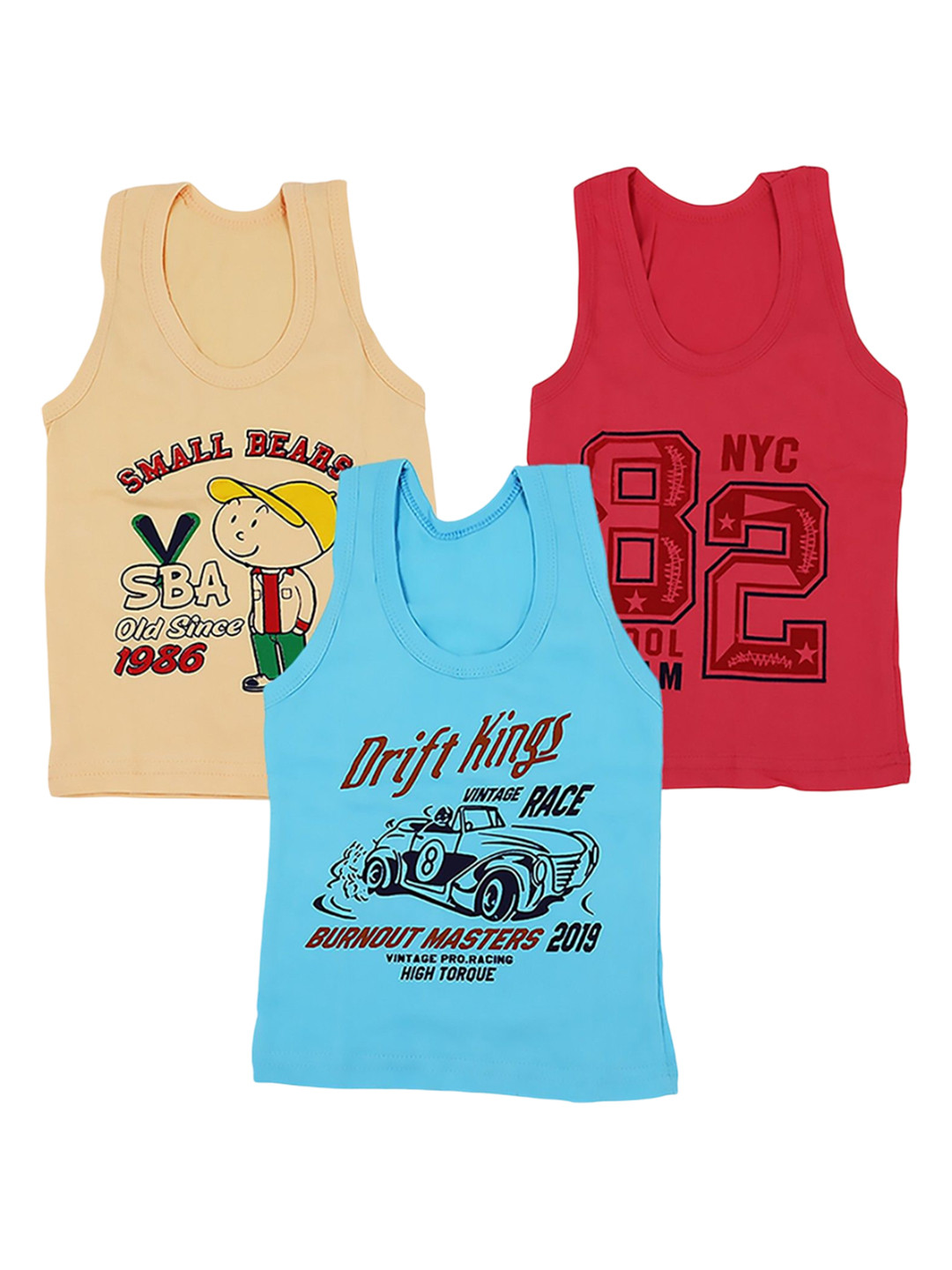 NEW TRINATH HOSIERY Boys Pack Of 3 Printed Cotton Basic Vests KVV-02
