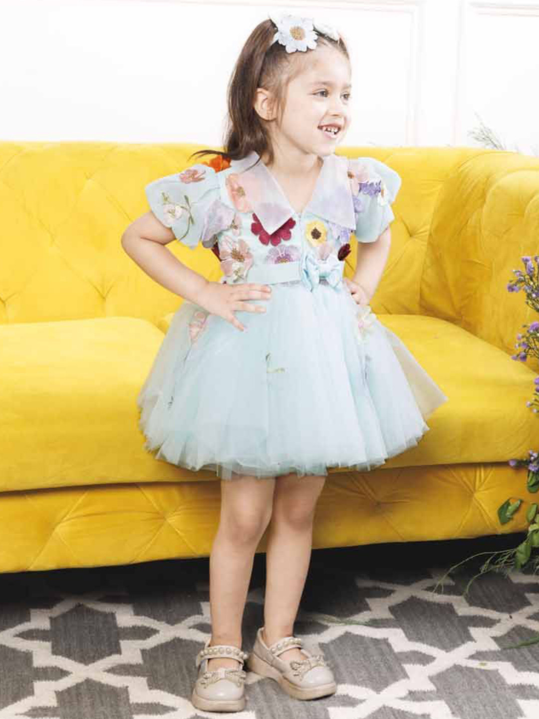 The Lush Affair Kids-Girls Floral Print Flutter Sleeve Net A-Line Dress