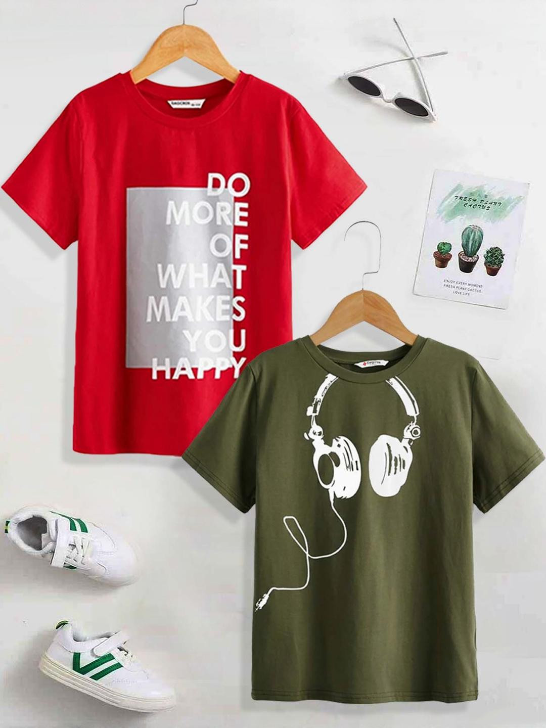 Dagcros Pack of 2 Boys Red & Olive Printed Pure Cotton T-shirts