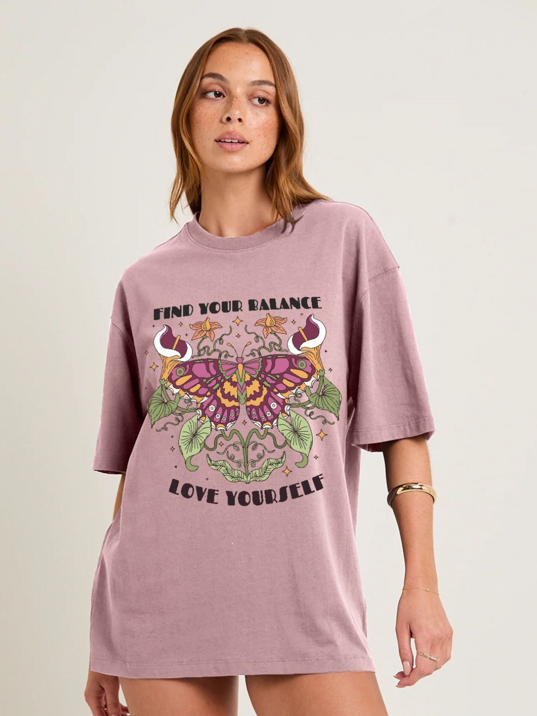 PRONK Find Your Balance Graphic Printed Drop-Shoulder Sleeves Oversized Cotton T-shirt
