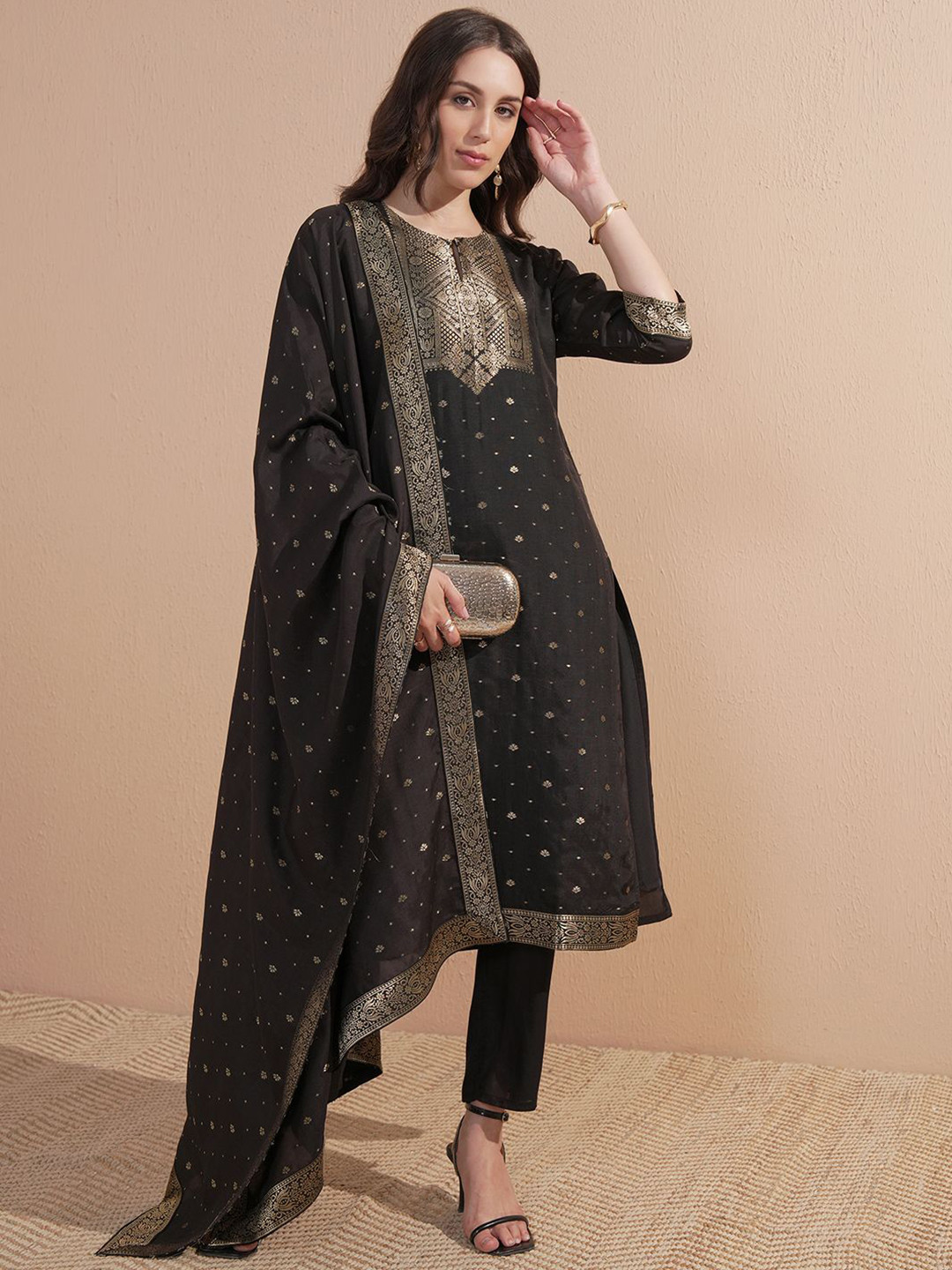 Vishudh Ethnic Motifs Pure Silk Regular Round Neck Straight Kurta With Trousers & Dupatta