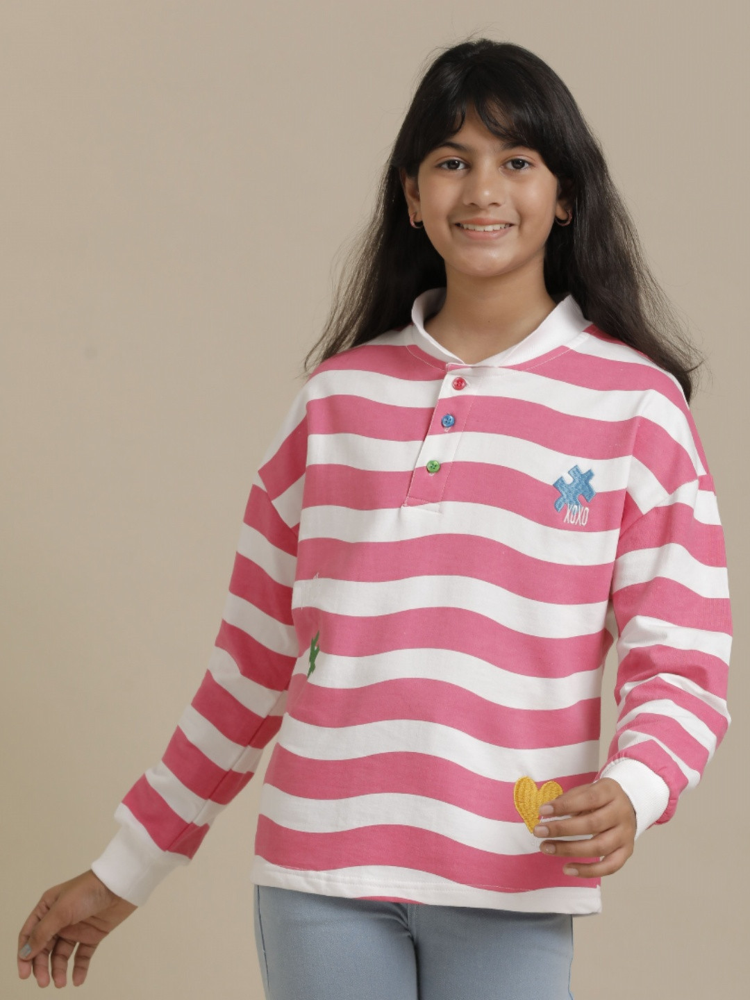 UNDER FOURTEEN ONLY Girls Striped Henley Neck Cotton T-shirt