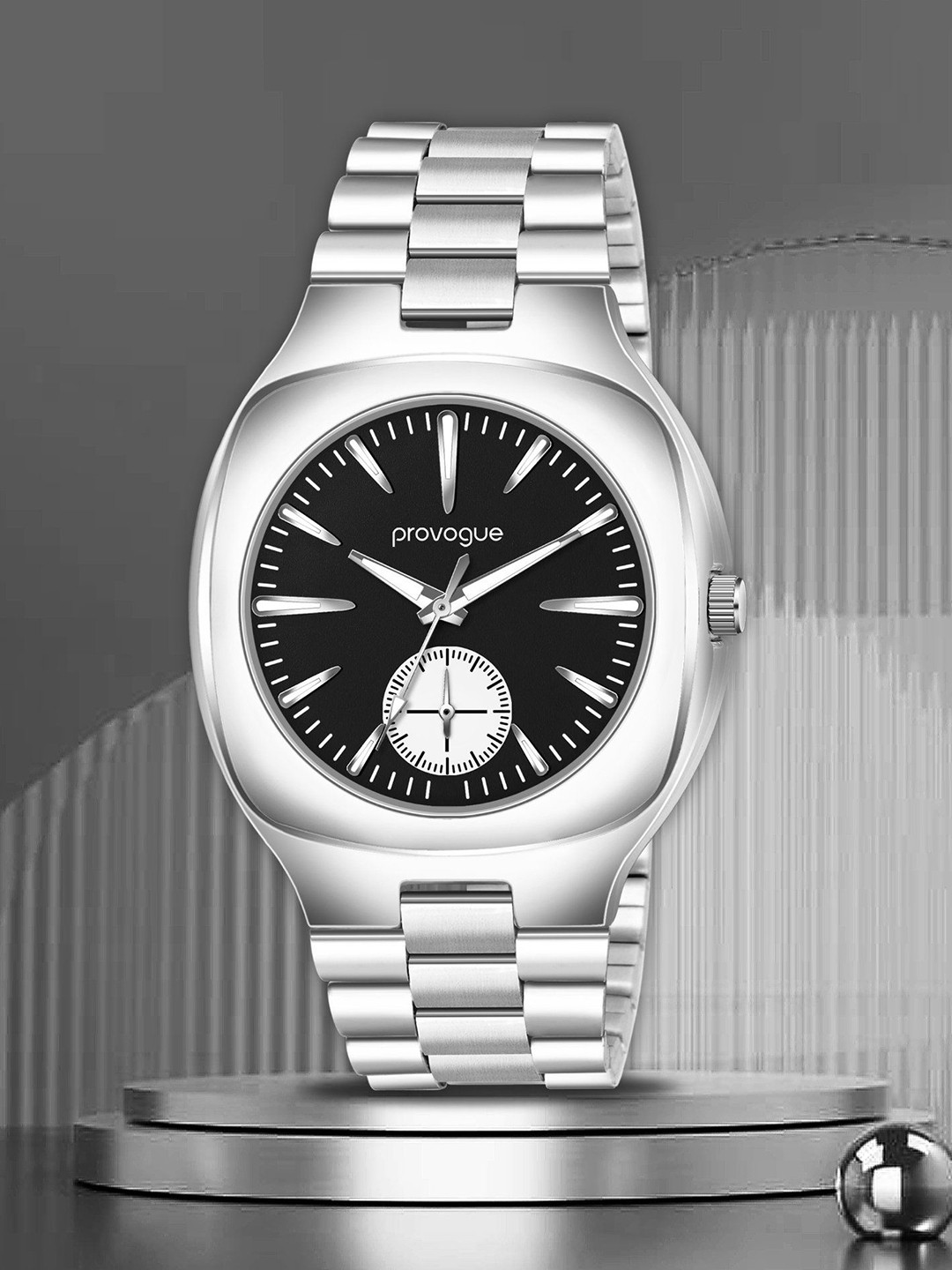 Provogue Men Brass Patterned Dial & Stainless Steel Straps Analogue Watch PR-GSQ027-BLK-CH