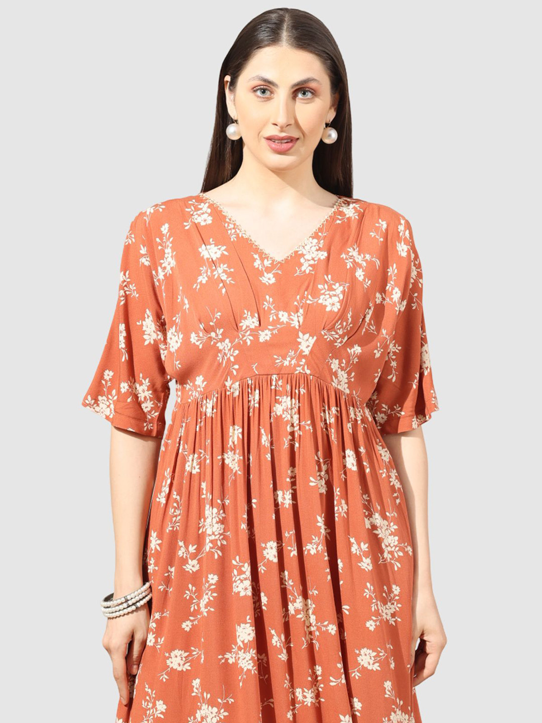 Mustard Apricot Floral Printed V-Neck Flared Sleeves Empire Dress