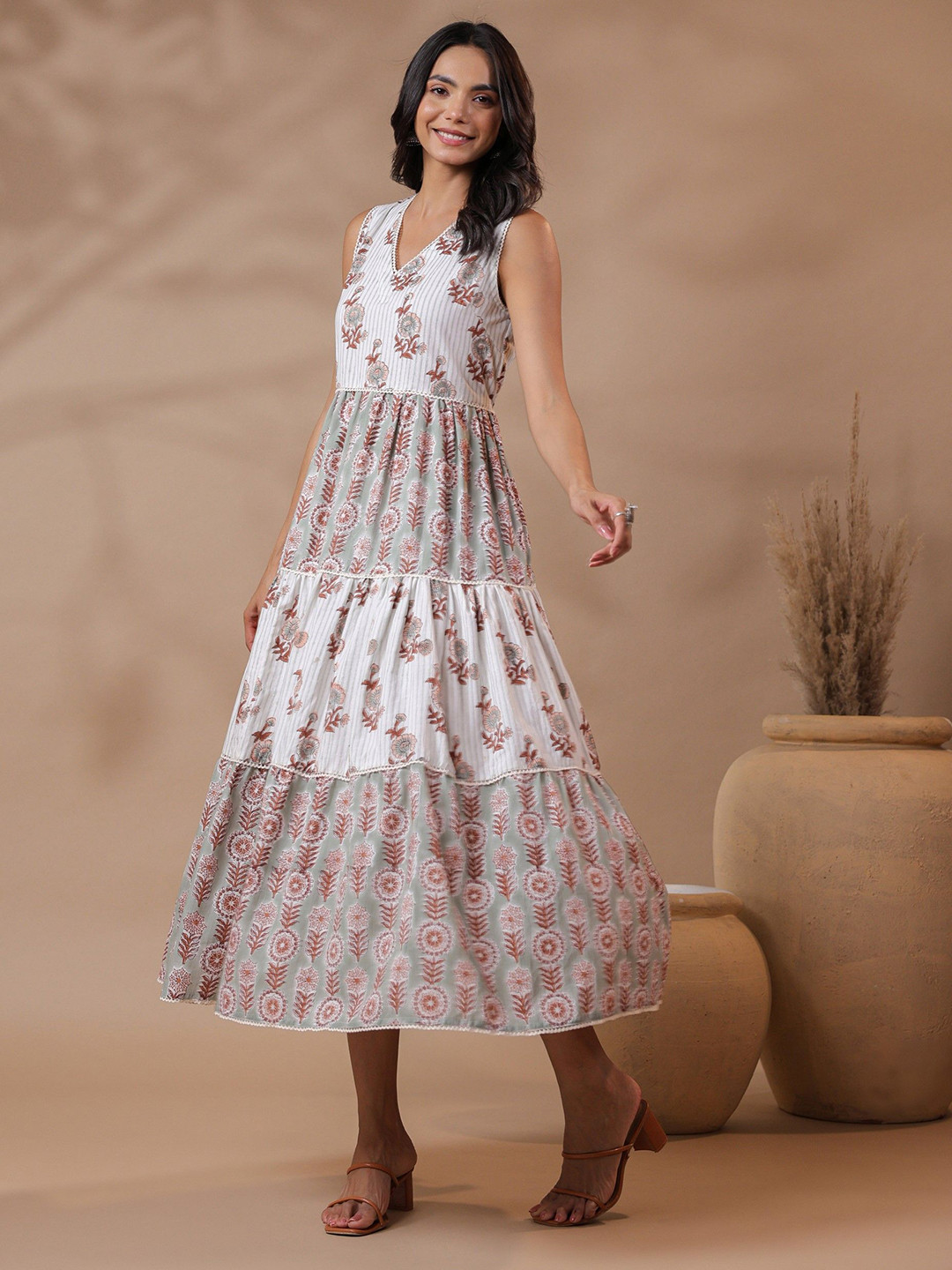 Jaipur Morni Women V-Neck Floral Printed Pure Cotton Fit & Flare Midi Dress