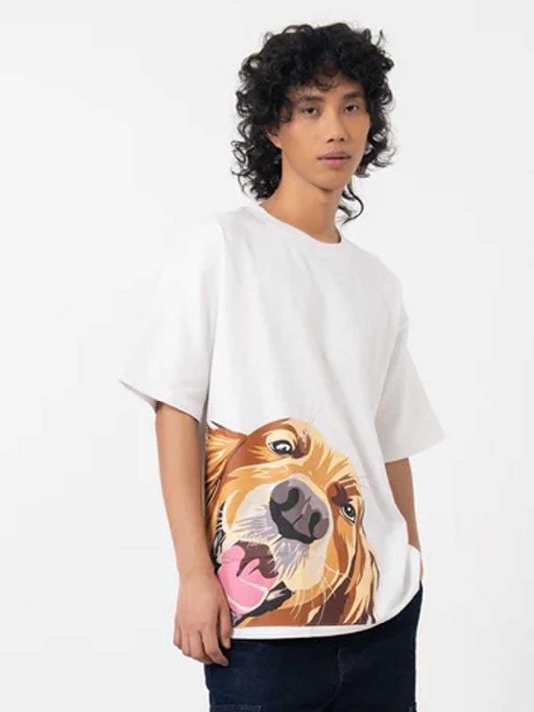 Peach Men Animal Graphic Printed Bio Finish Oversized T-shirt