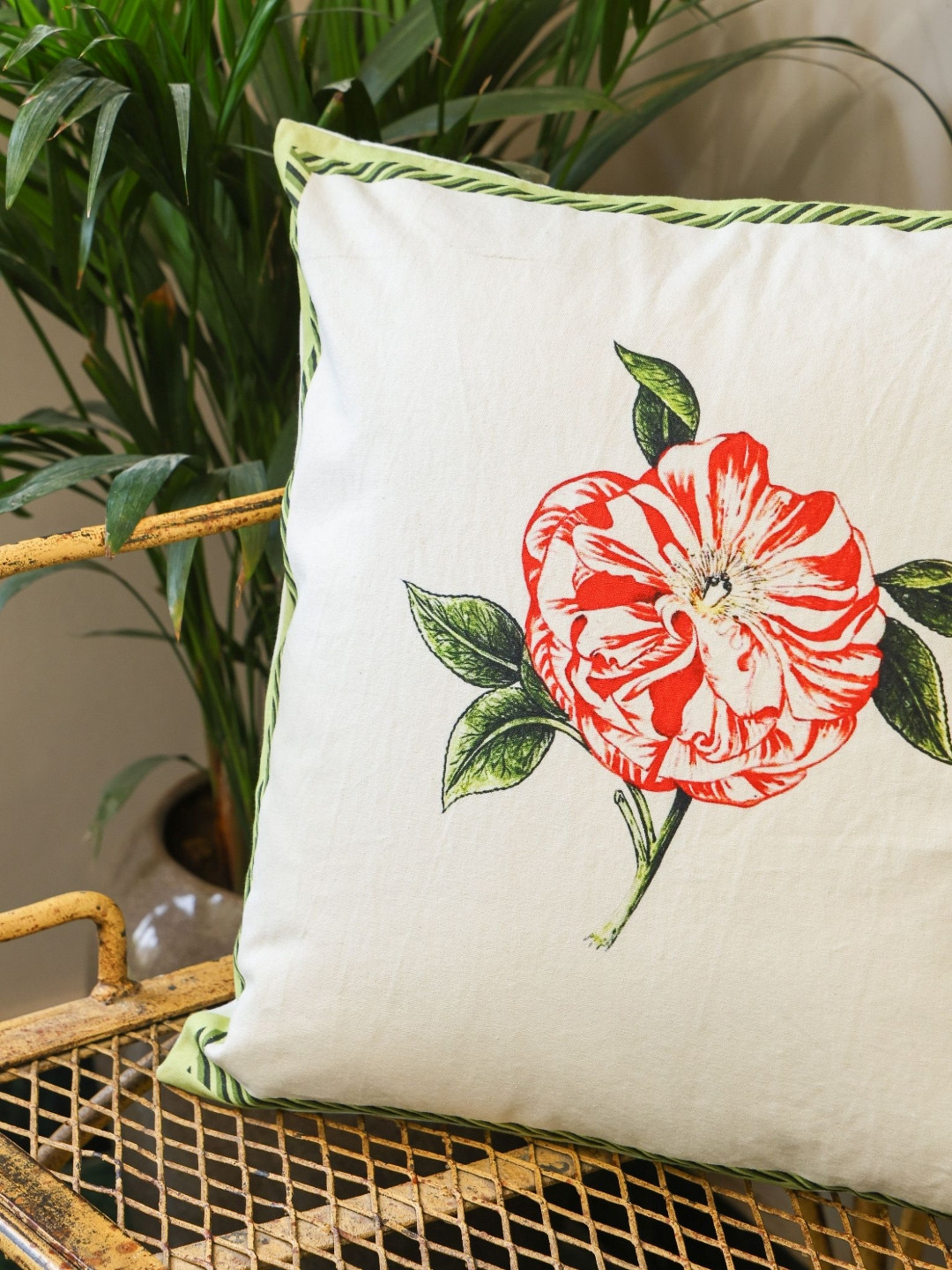 Crown of Poppies White & Green Blooming Garden Printed Cotton Square Cushion Cover
