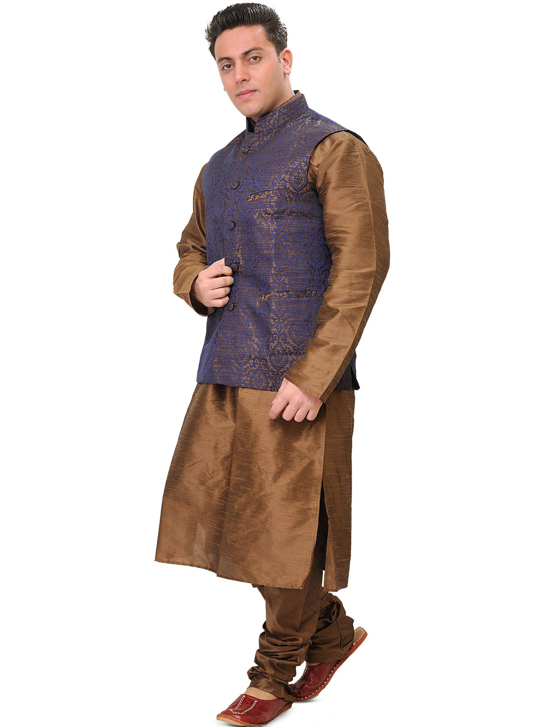 Exotic India Men Sepia-Colored Three Piece Wedding Kurta Pajama Set with Brocade Waistcoat