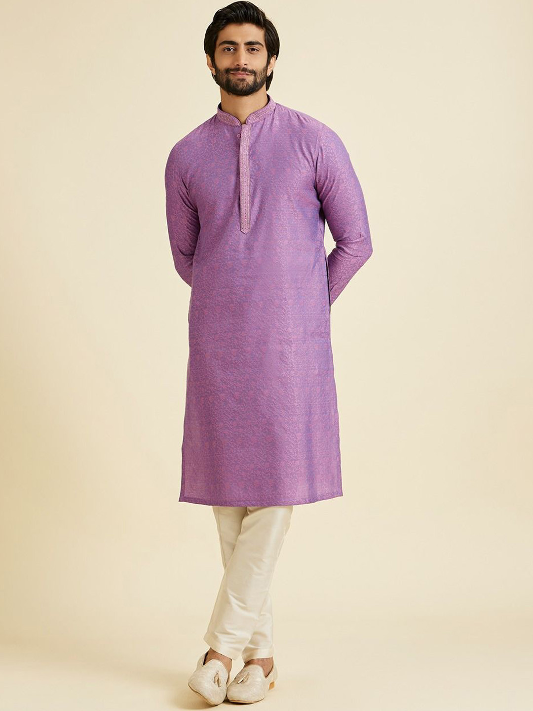 Manyavar Floral Embroidered Beads & Stones Mandarin Collar Kurta With Pyjamas