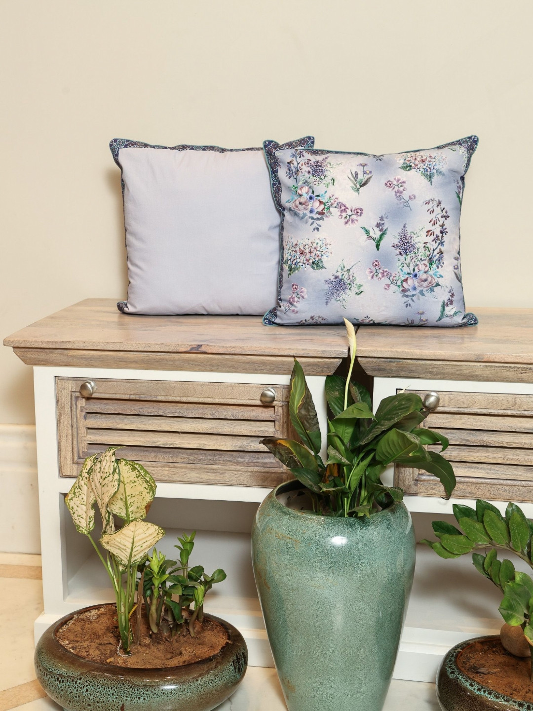 Crown of Poppies White & Lavender 2 Pieces Floral Printed Cotton Square Cushion Covers