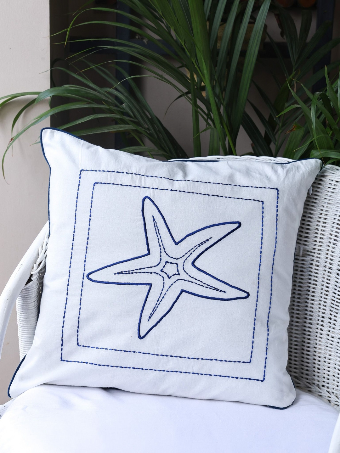 Crown of Poppies Coastal Calm White Abstract Embroidered Cotton Square Cushion Covers