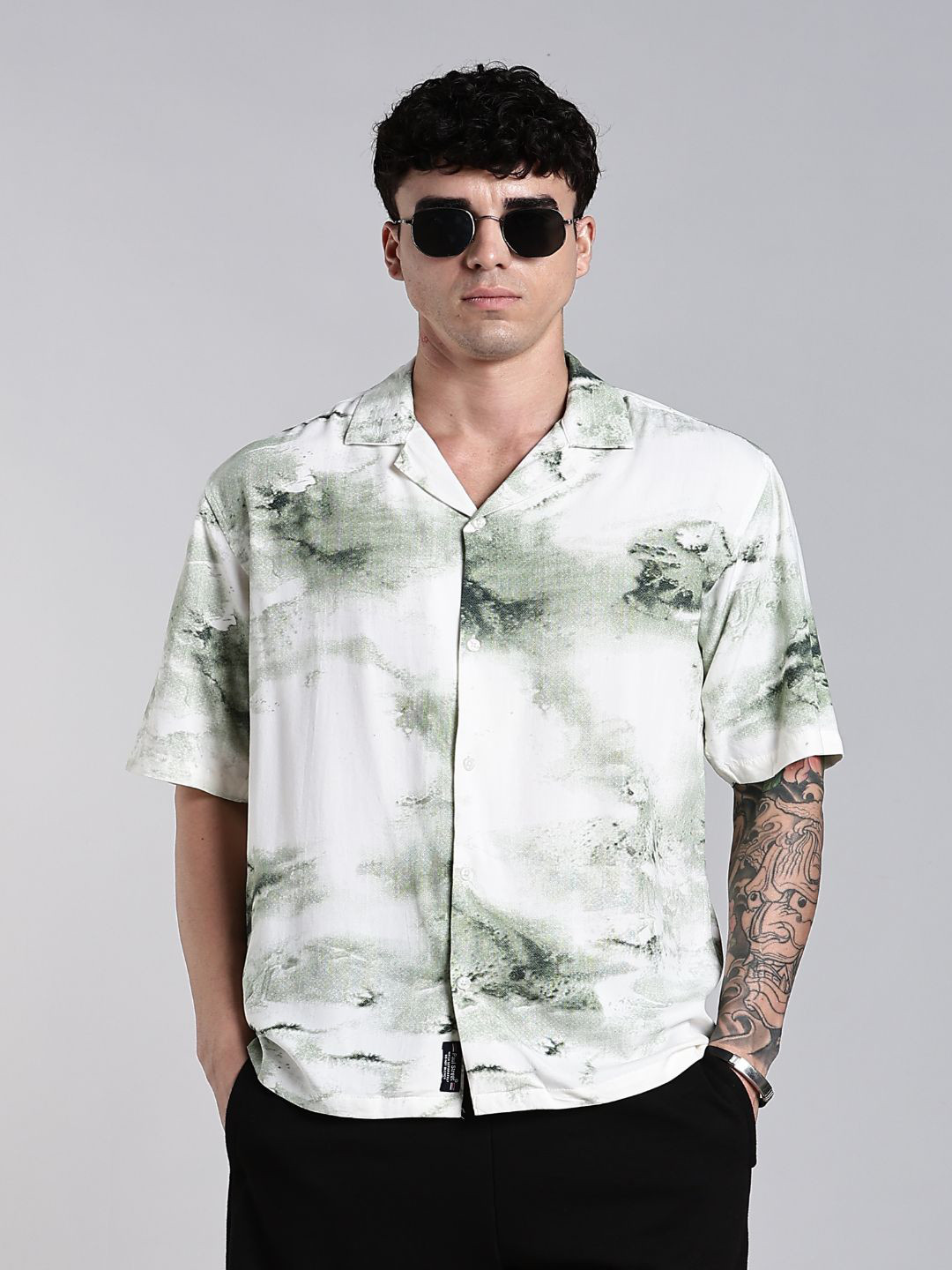 PAUL STREET Tintor Abstract Printed Cuban Collar Comfort Boxy Casual Shirt