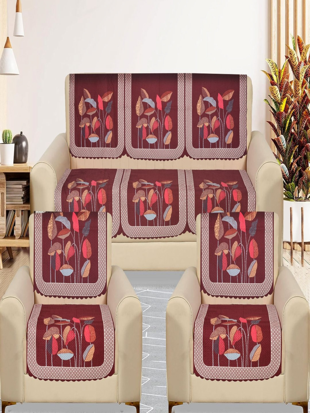 Myntra Elegant Homes Red & Pink 5 Seater Printed Velvet Sofa Cover