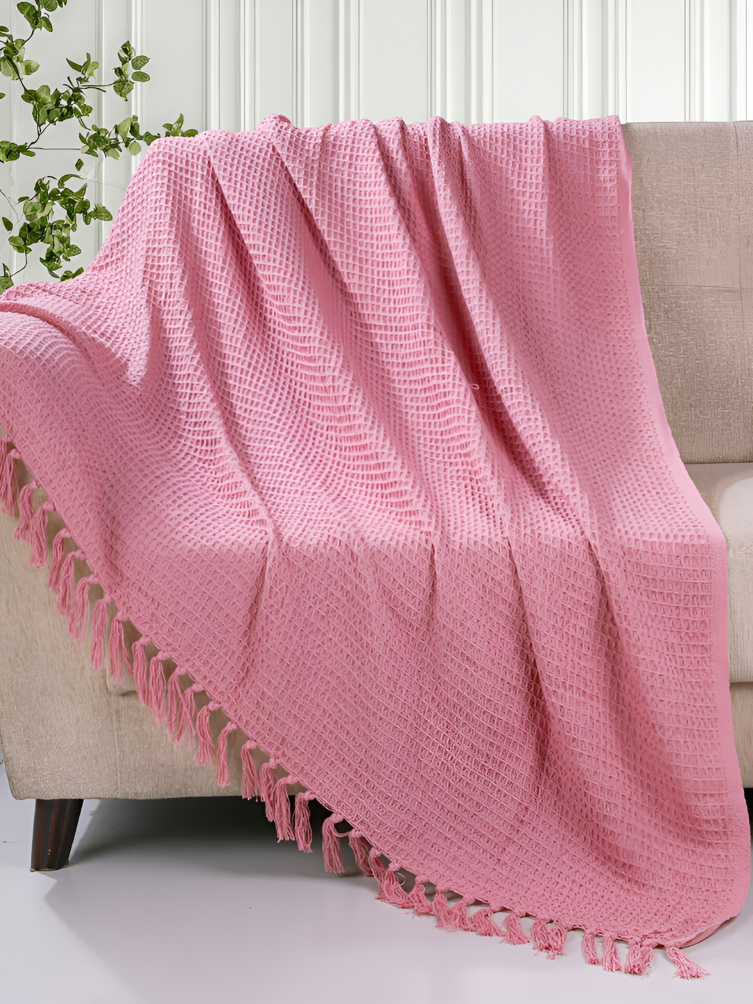 HOMADORN Pink Waffle Weave Checked Pure Cotton Sofa Throw