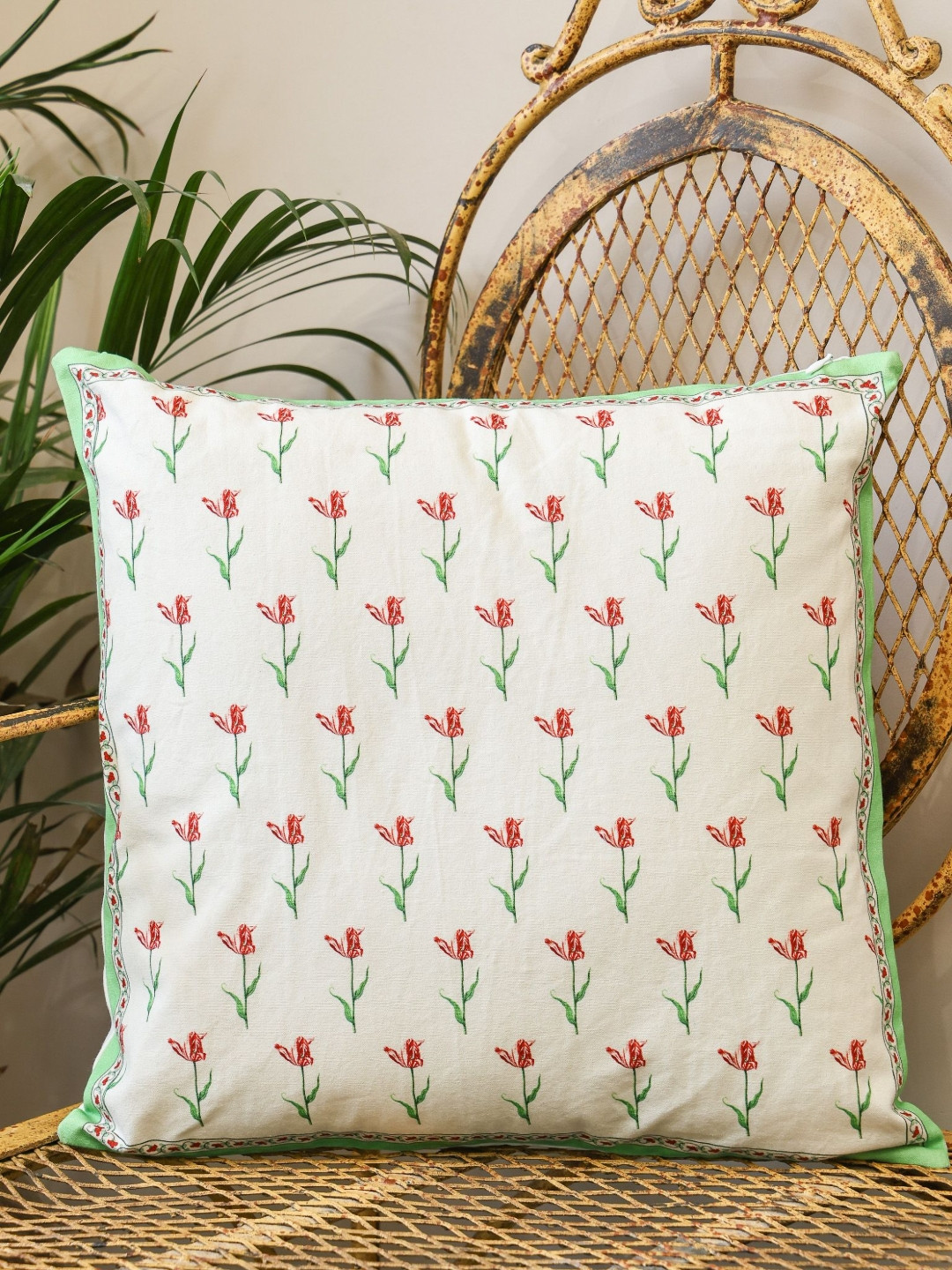 Crown of Poppies White & Green Blooming Garden Printed Cotton Square Cushion Cover
