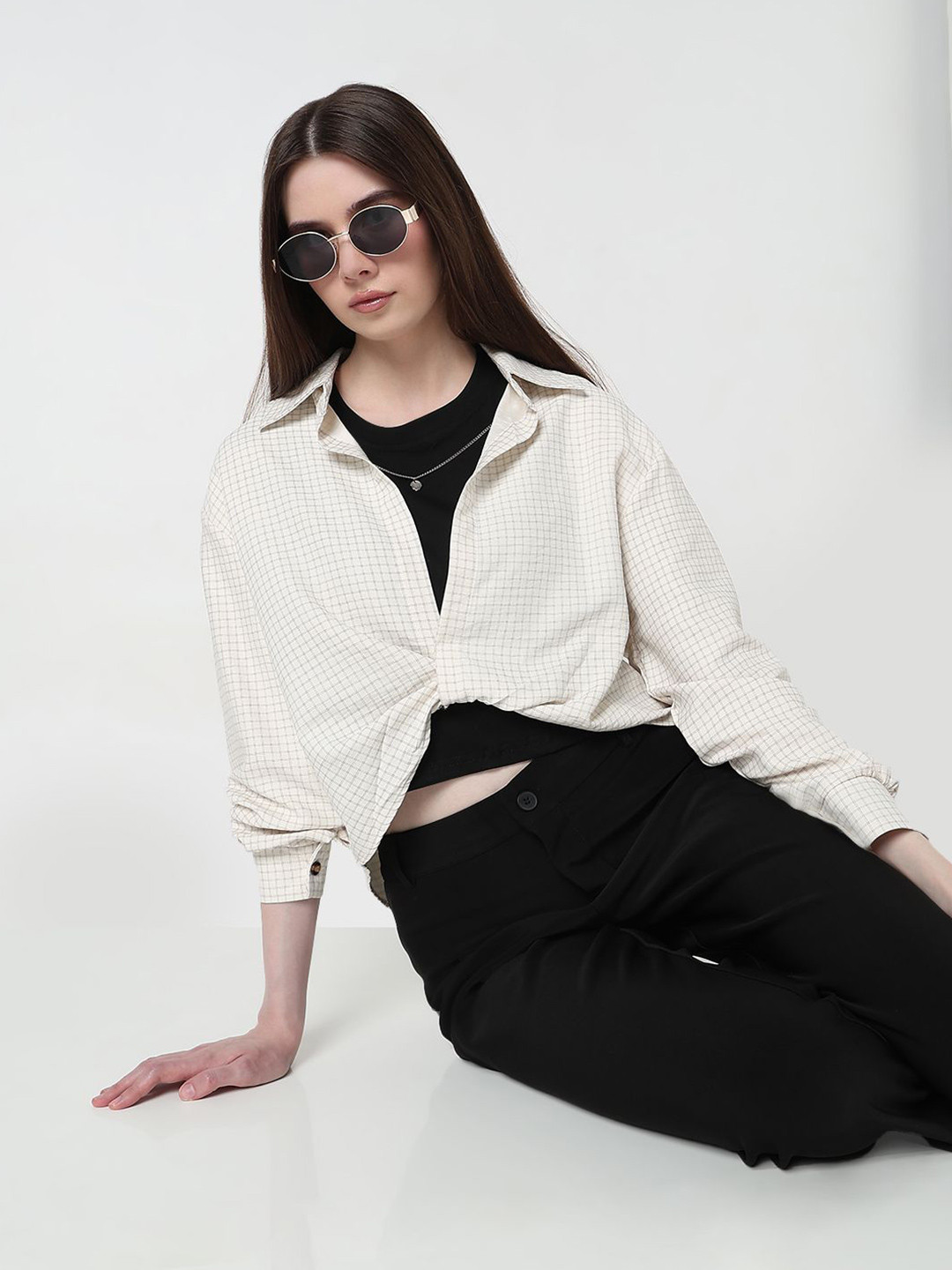 SHOWOFF Women Checked Shirt style Crop Top with Inner Tank Top & Neck Chain