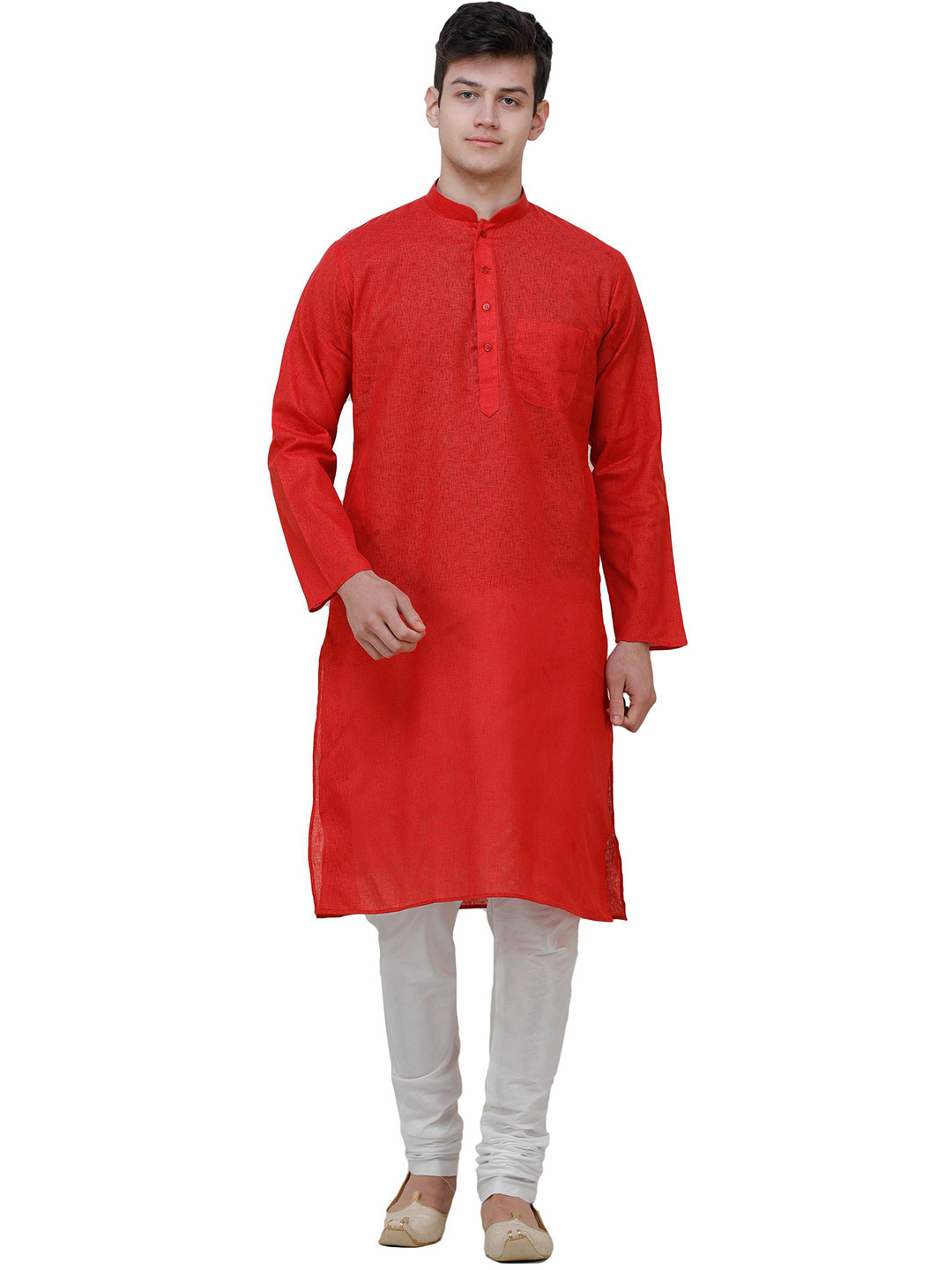 Exotic India Zero Checks In Weave Checked Mandarin Collar Pure Cotton Kurta With Pyjama