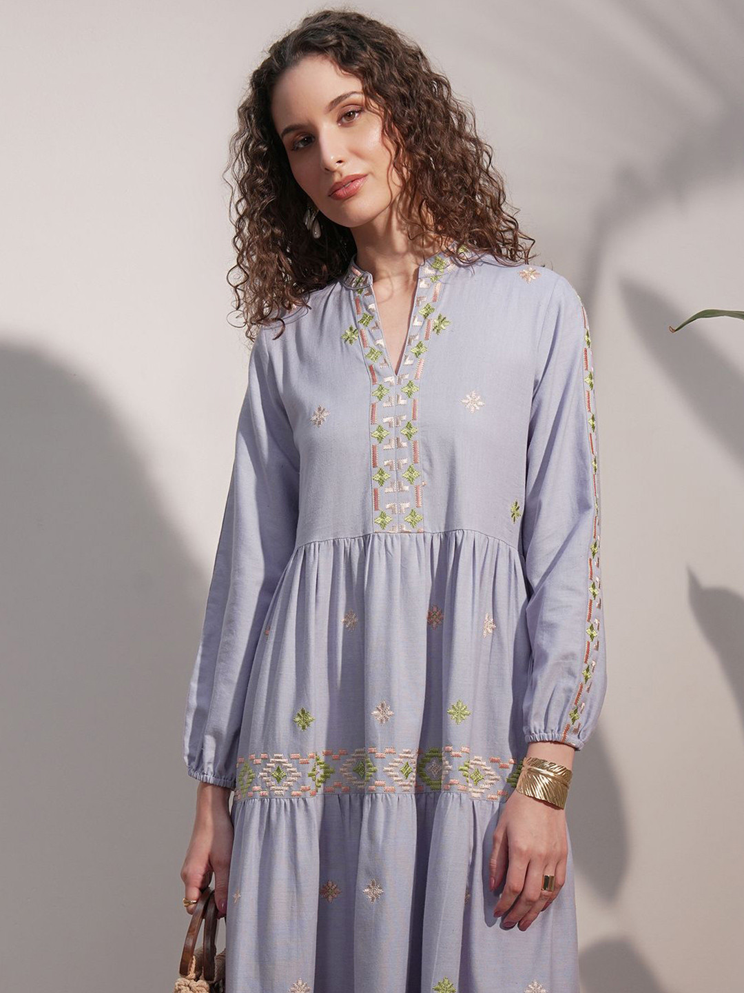 Vara By Vishudh Women Embroidered Puff Sleeve A-Line Tiered Midi Dress