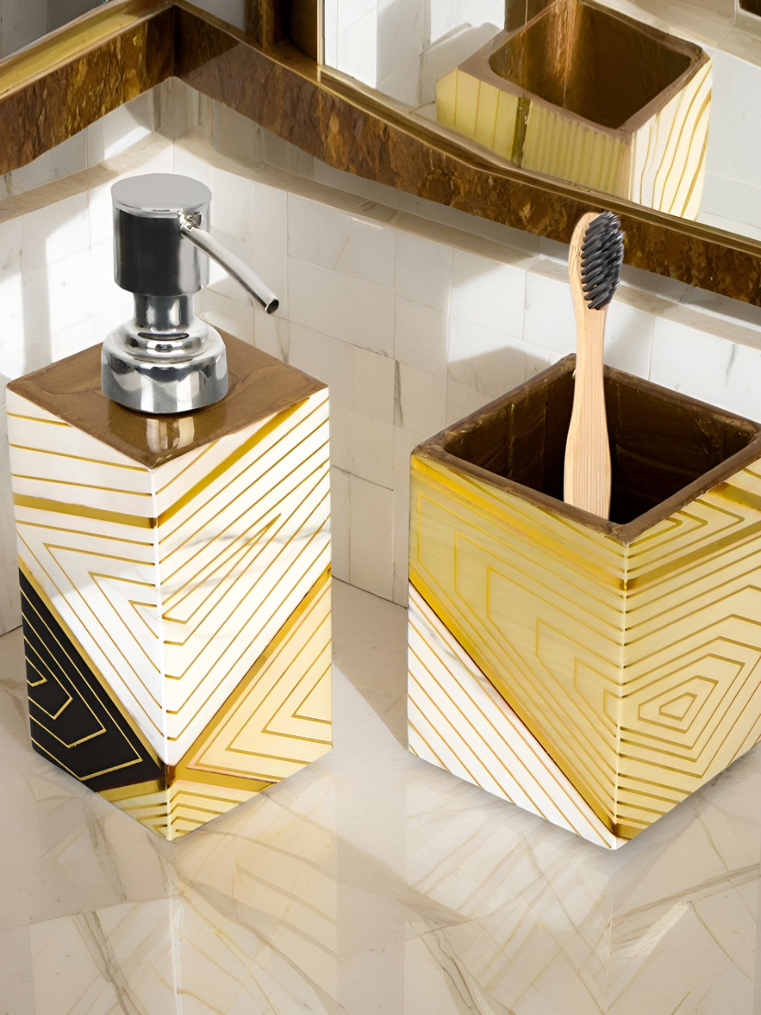 THE HOME CO. Gold-Toned & White 2 Pieces Striped Wooden Bath Accessories