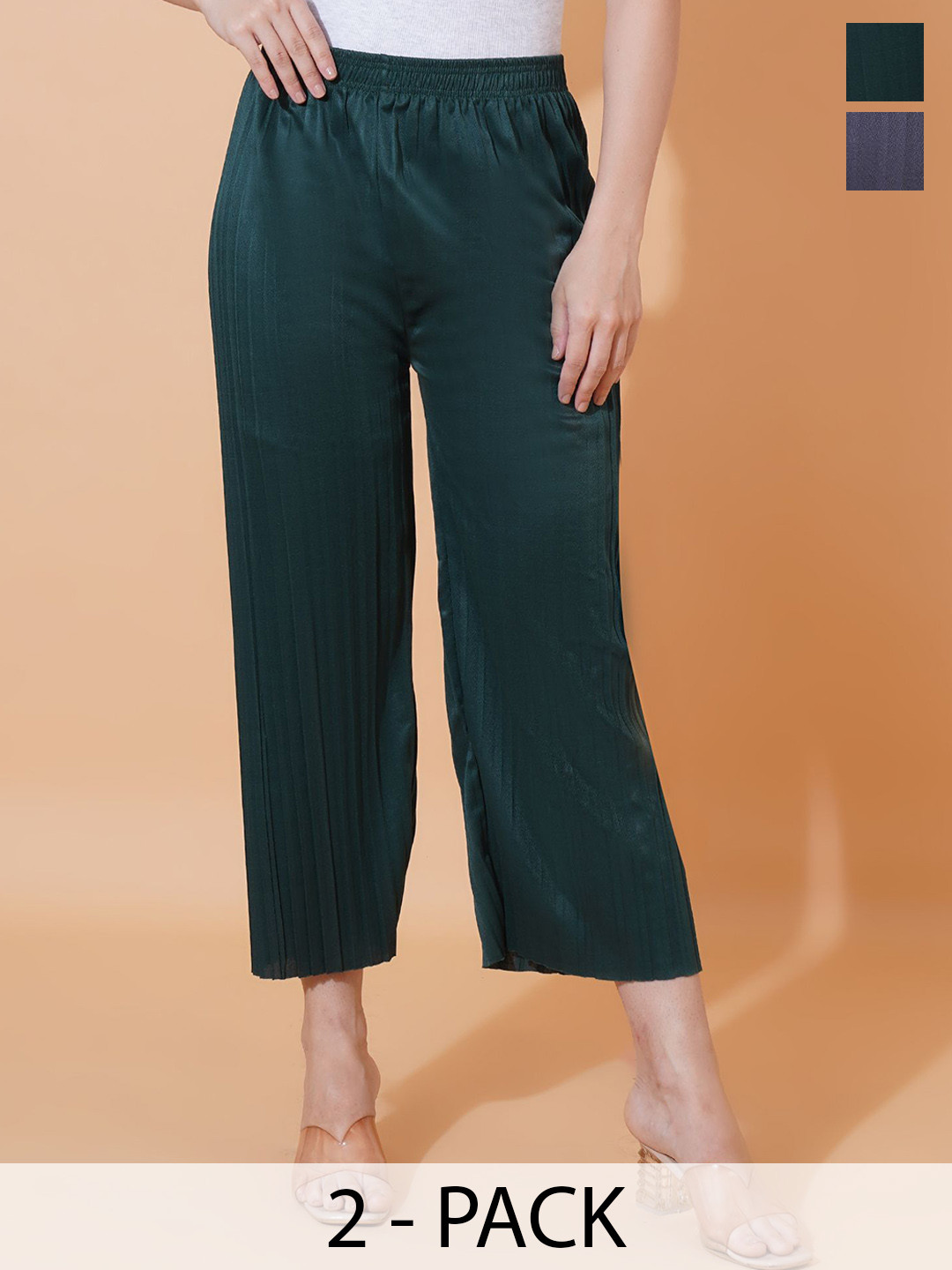 LECOWAR Women Pack of 2 Mid-Rise Comfort Cropped Trousers