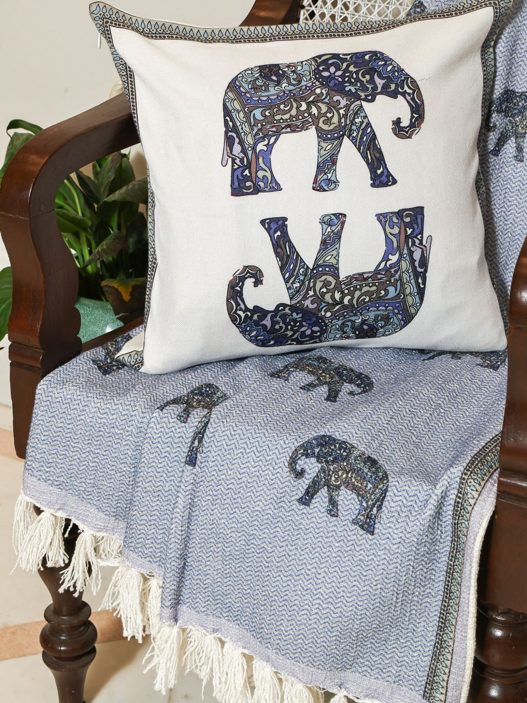 Crown of Poppies Elephant Walk Blue Animal Printed Cotton Square Cushion Covers
