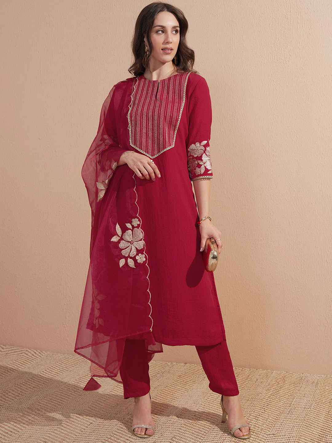 Vishudh Ethnic Motifs Embroidered Notch Neck Straight Kurta With Trousers & Dupatta