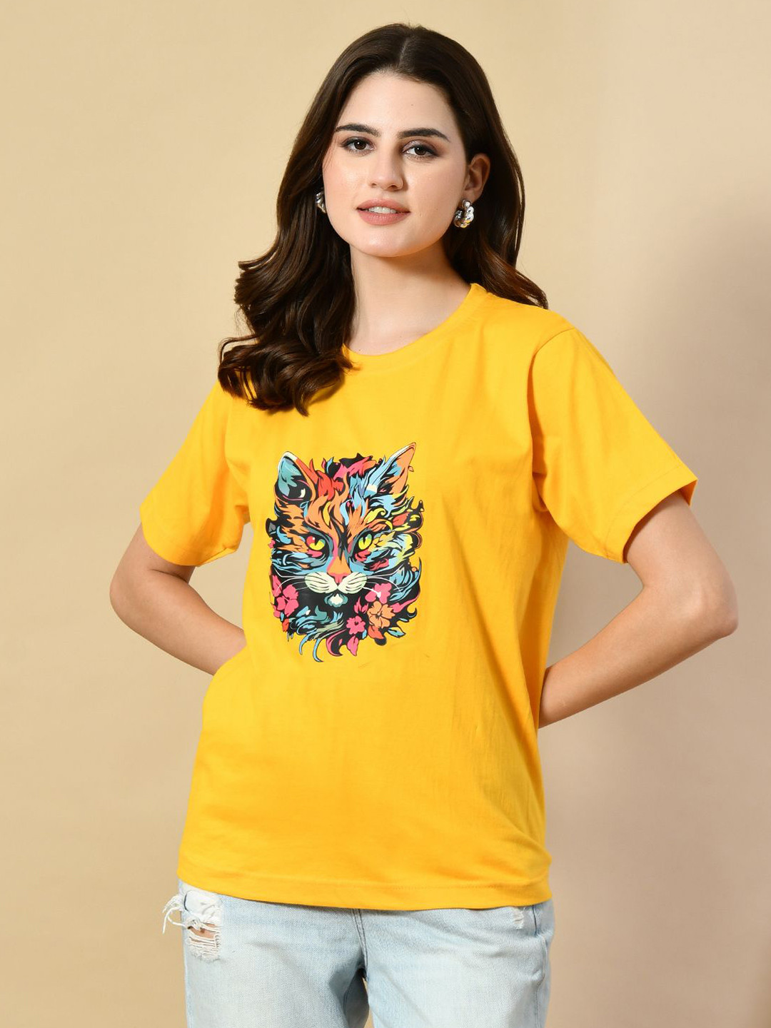 OYEEBRO Artistic Cat Printed Round Neck Bio Finish Cotton T-shirt