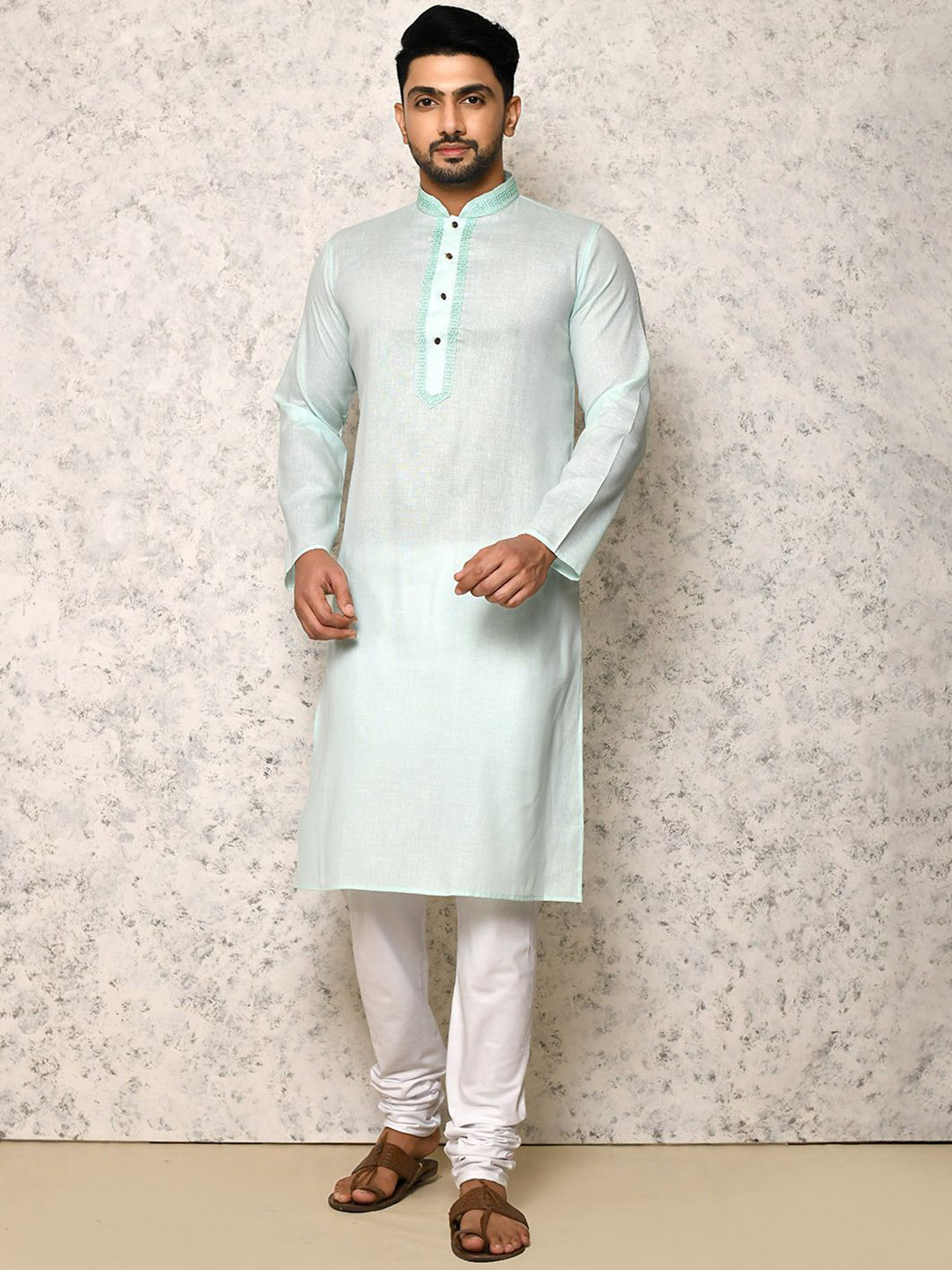 RANAK Men Solid Regular Straight Thread Work Above Knee Pure Cotton Kurta Set