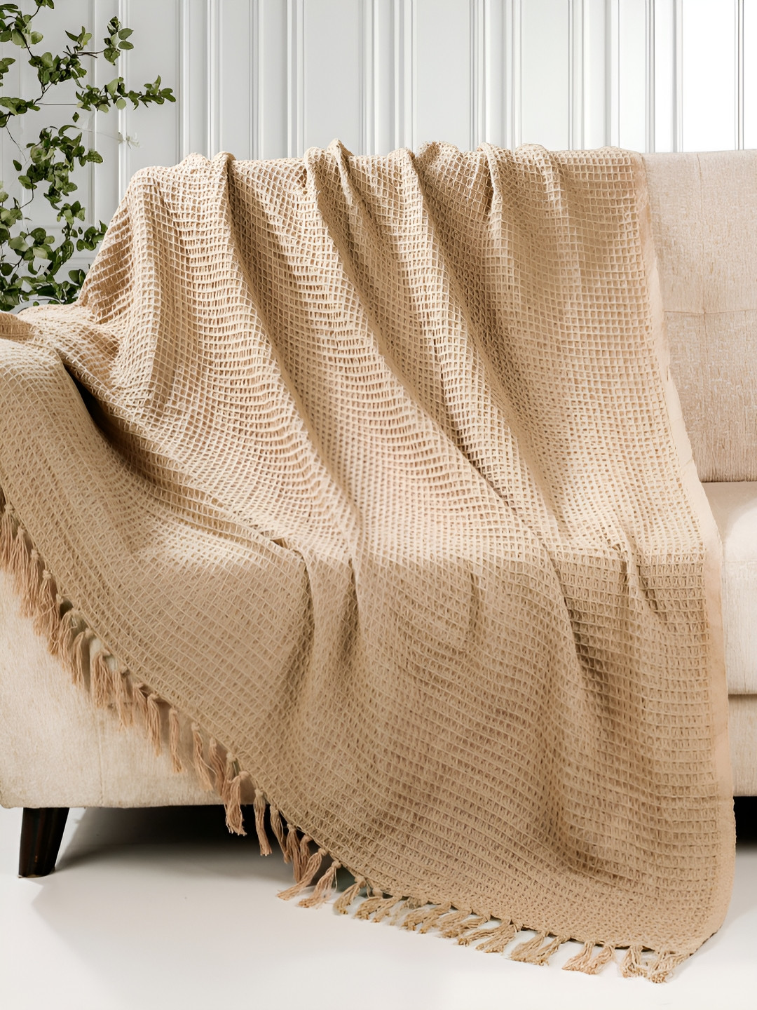 HOMADORN Rust Waffle Weave Checked Pure Cotton Sofa Throw