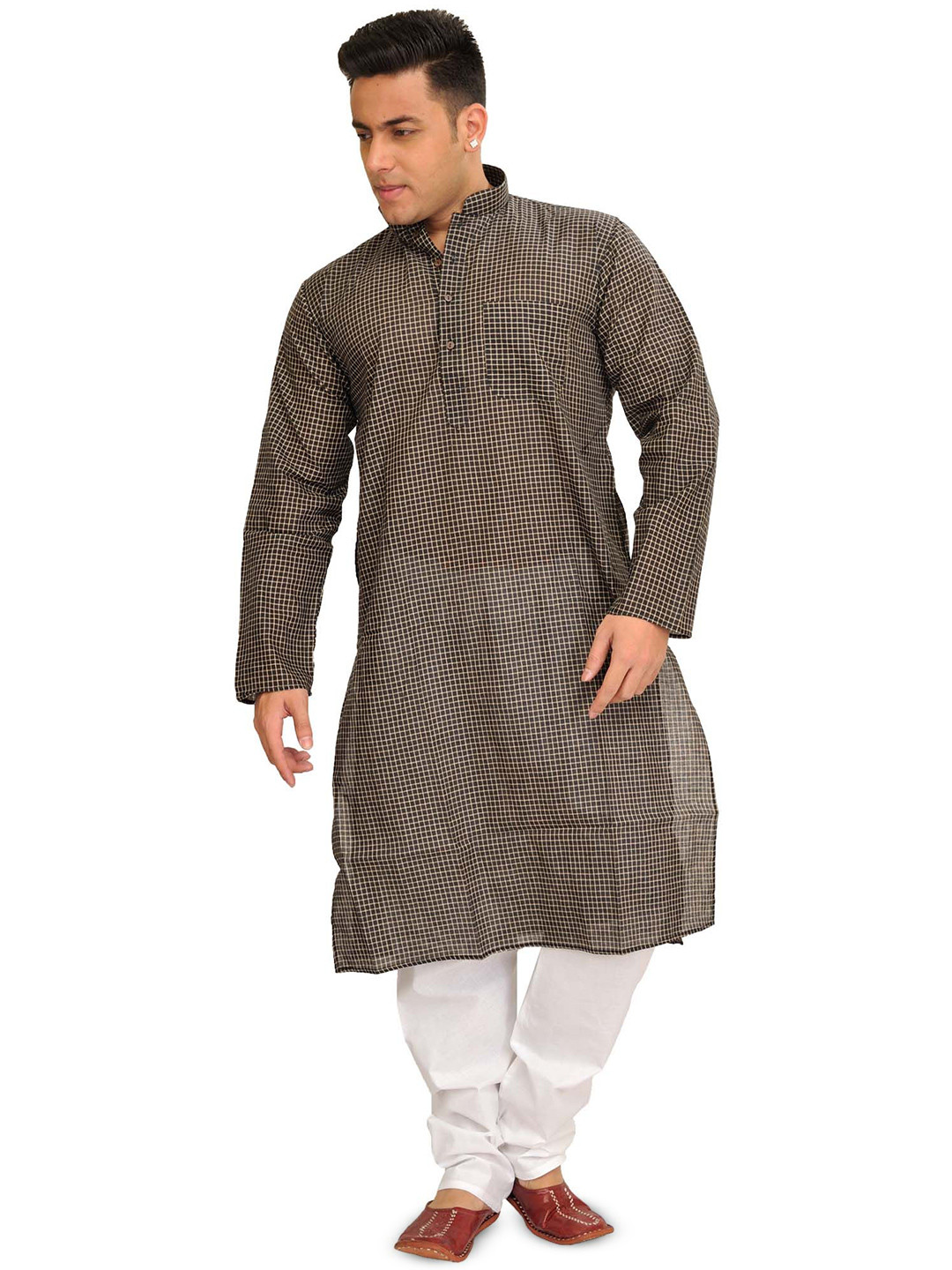 Exotic India Men Kurta Pajama Set with Printed Checks