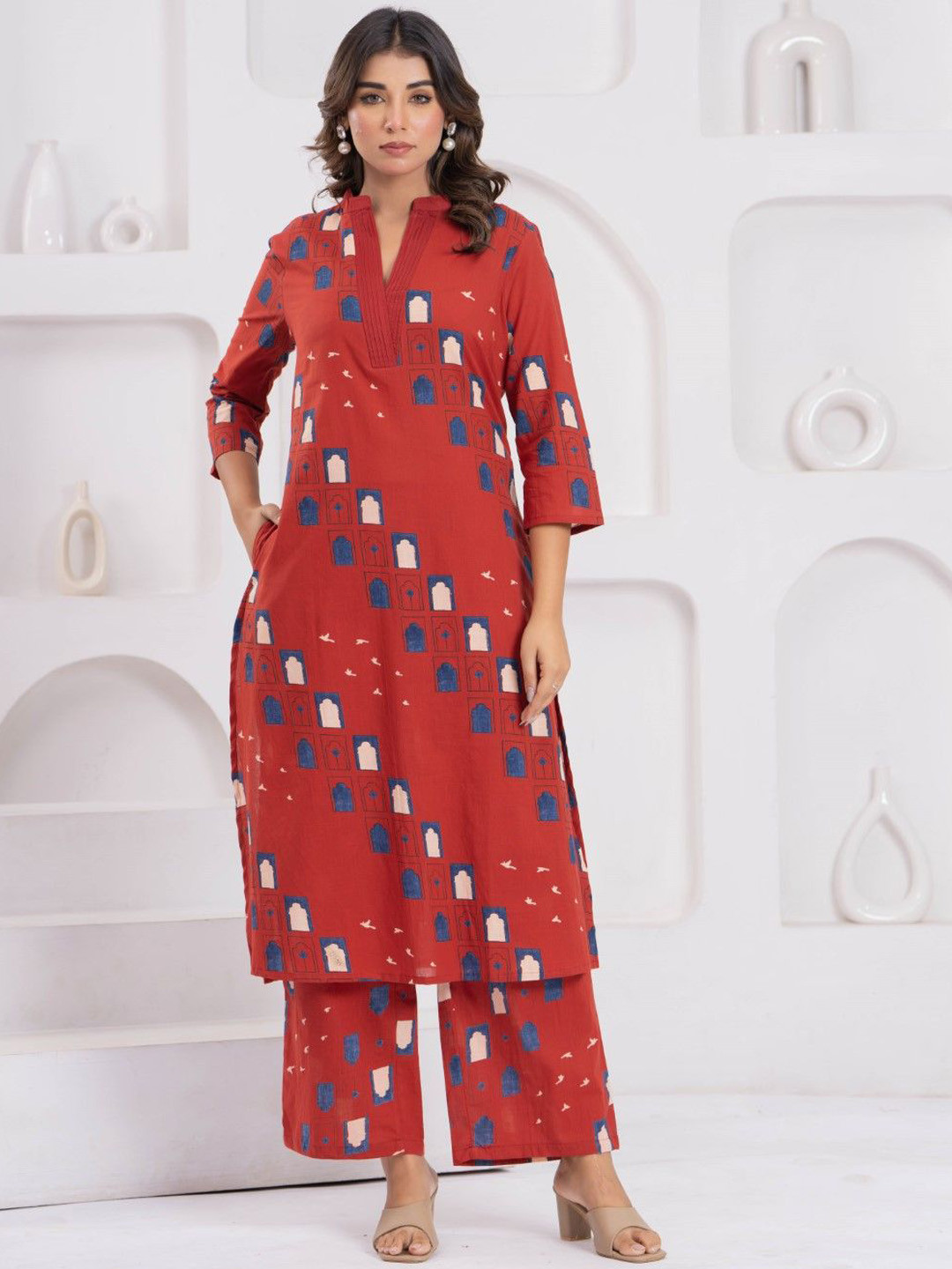 AUTUMN LANE Maurya Brick Geometric Printed Pure Cotton Kurta With Palazzos