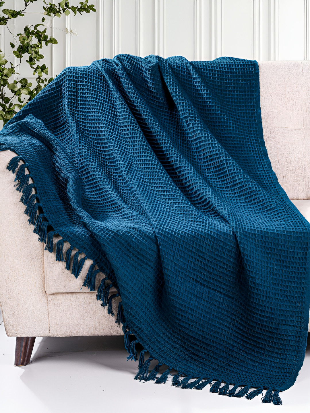 HOMADORN Teal-Blue Waffle Weave Checked Pure Cotton Sofa Throw