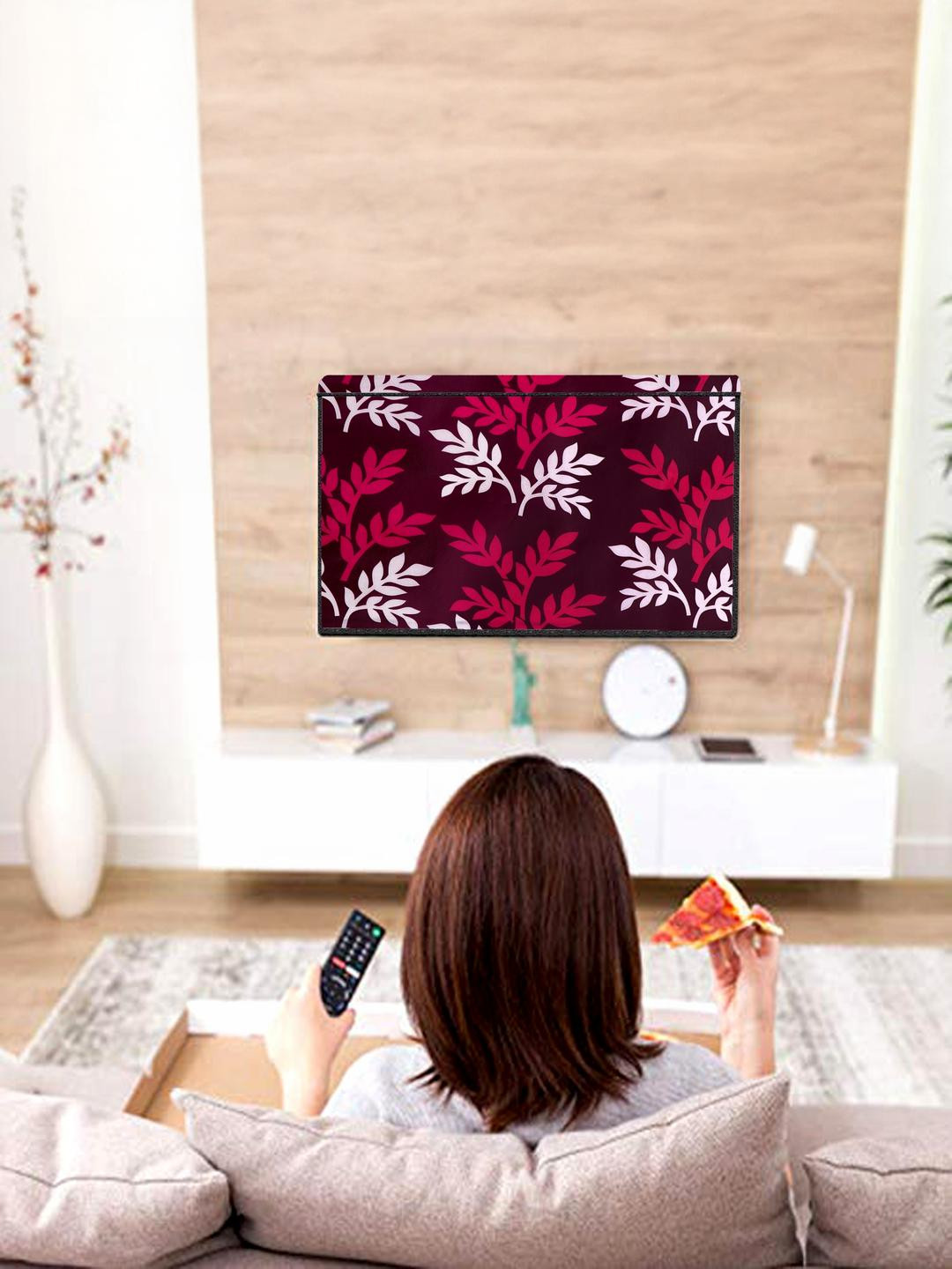 MOGNE FAB Maroon & White Leaf Printed Non Woven 32 Inches Led TV Cover