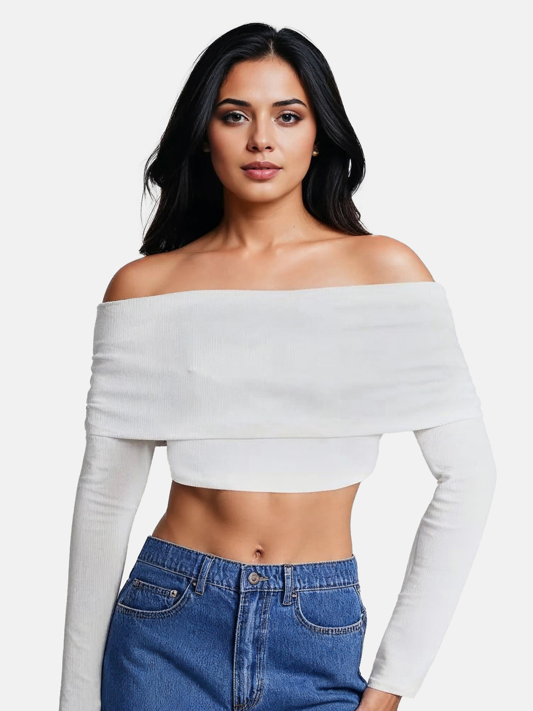 Off-White Ribbed Edge Bardot Crop Top