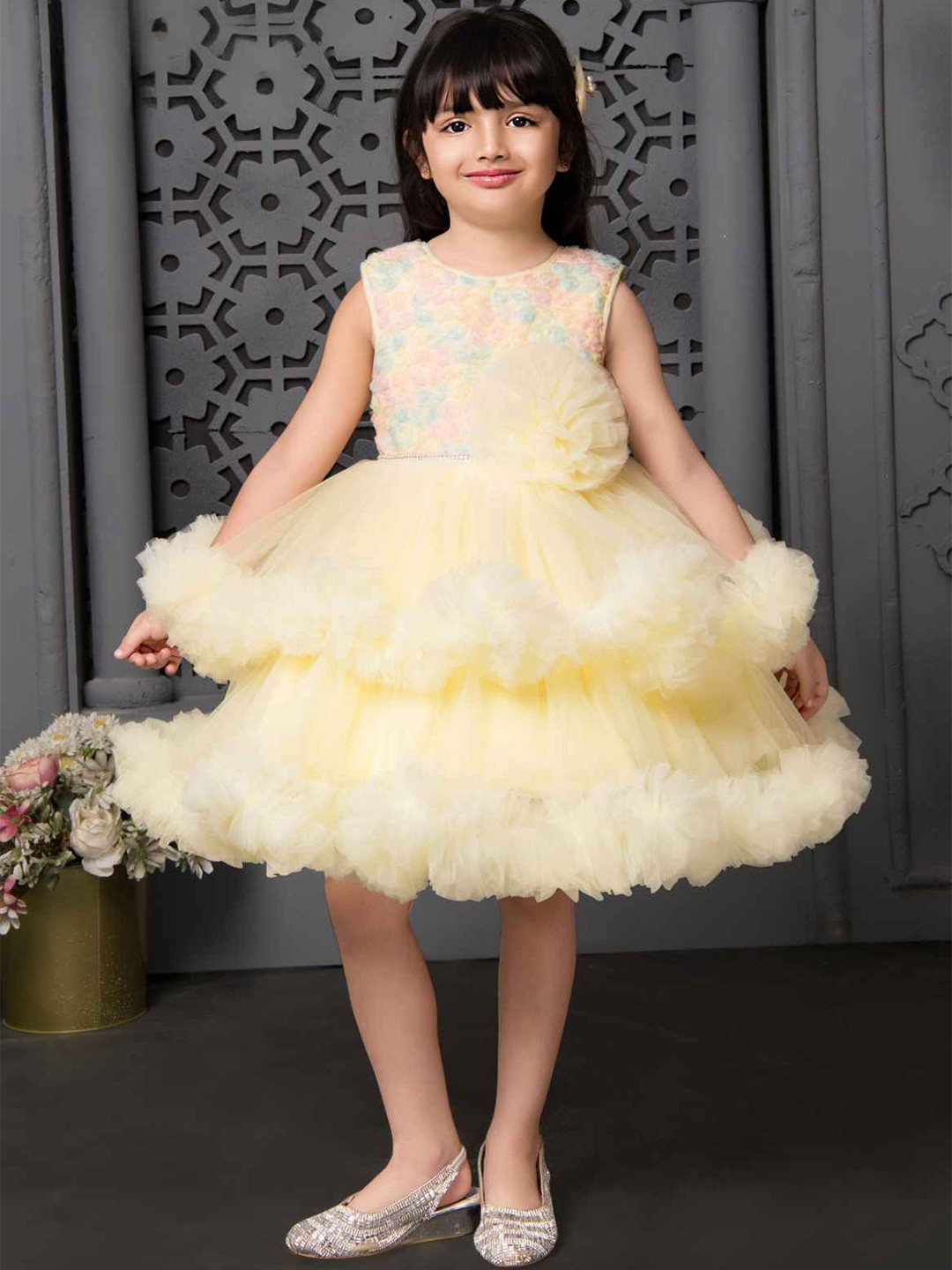 Lagorii Girls Self Design Embroidered Floral Embellishment Frock