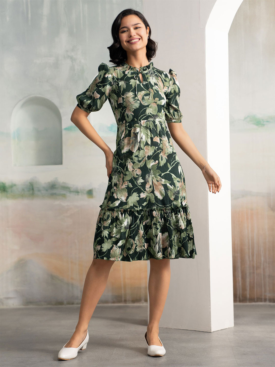 AASK Women Green Printed Delta Crepe Fit and Flare Calf Length Dress