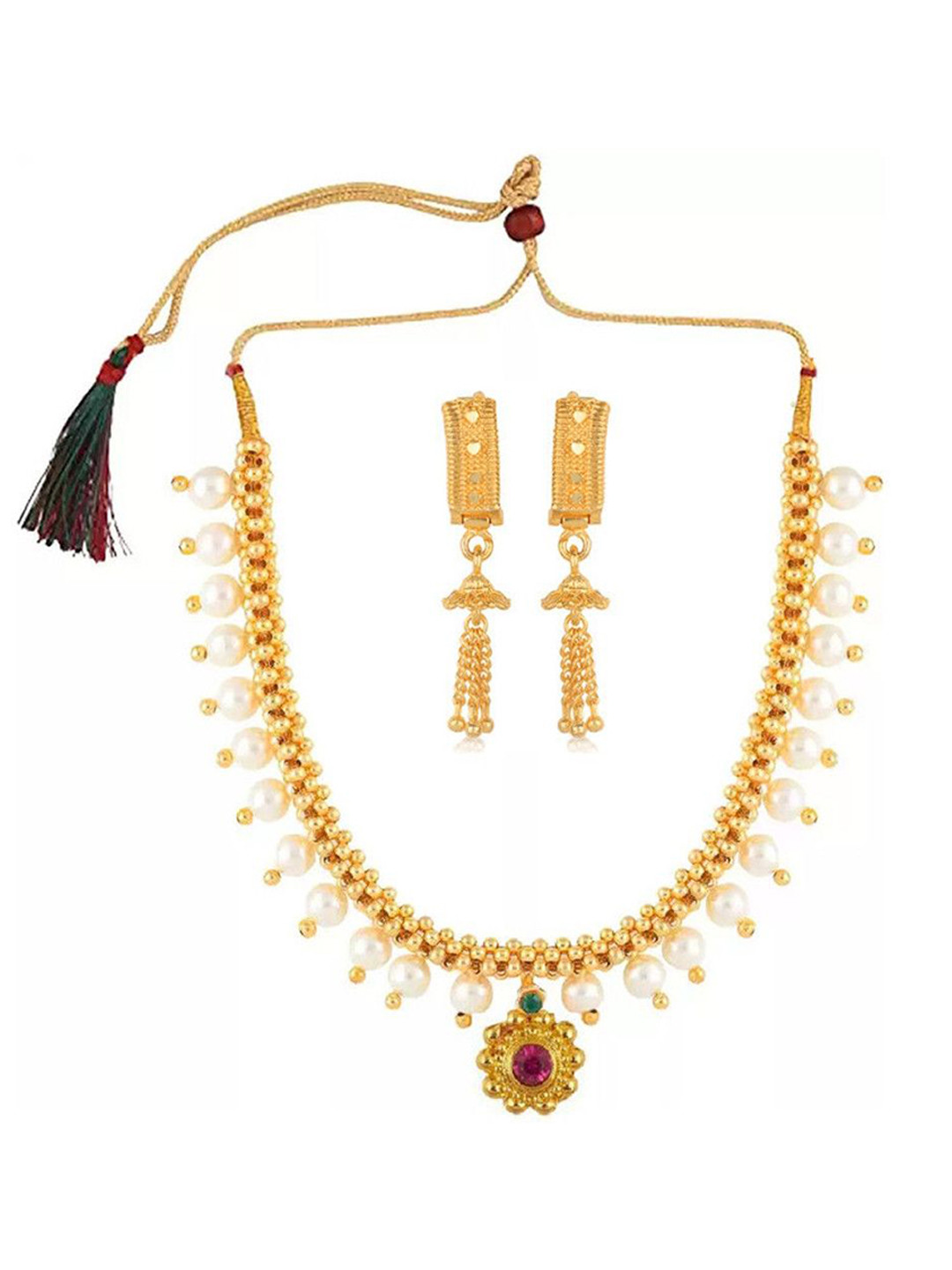 Heer Collection  1gm Gold-Plated Cubic Zirconia Stone Studded & Beaded Jewellery Set