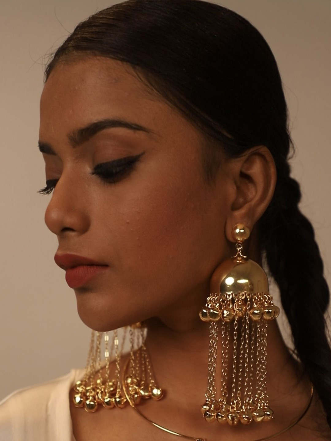 D MAK Gold-Plated Tasselled Dome Shaped Jhumkas