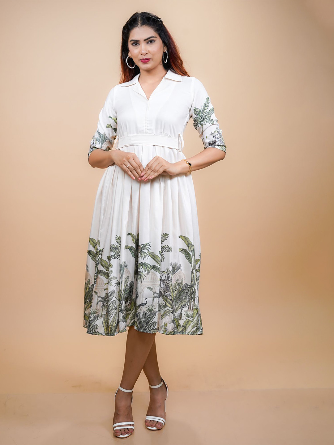 GO BOUJEE Women Print Fit and Flare Three-Quarter Dress