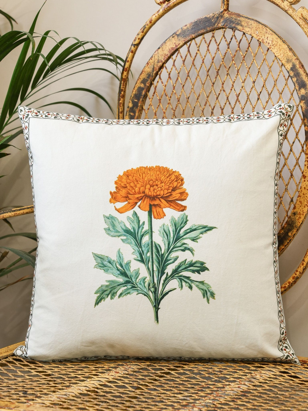 Crown of Poppies Yellow & White Blooming Garden Printed Cotton Square Cushion Cover