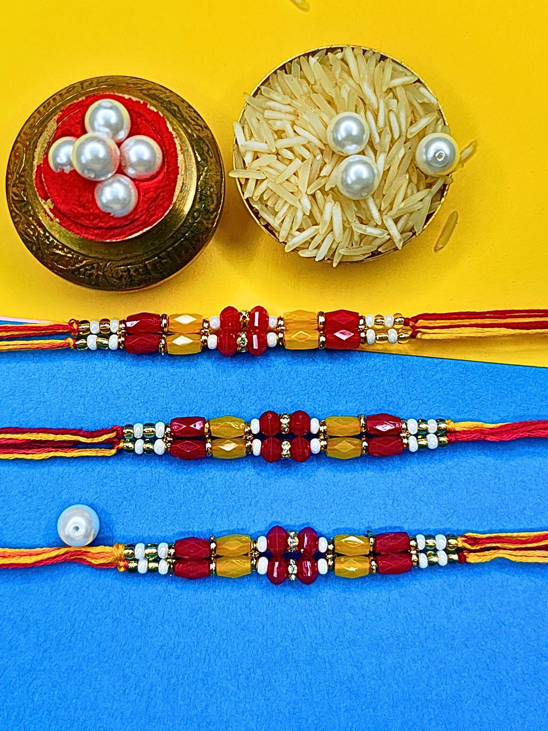 MANSIYAORANGE Set Of 3 Artificial Beaded Thread Rakhi