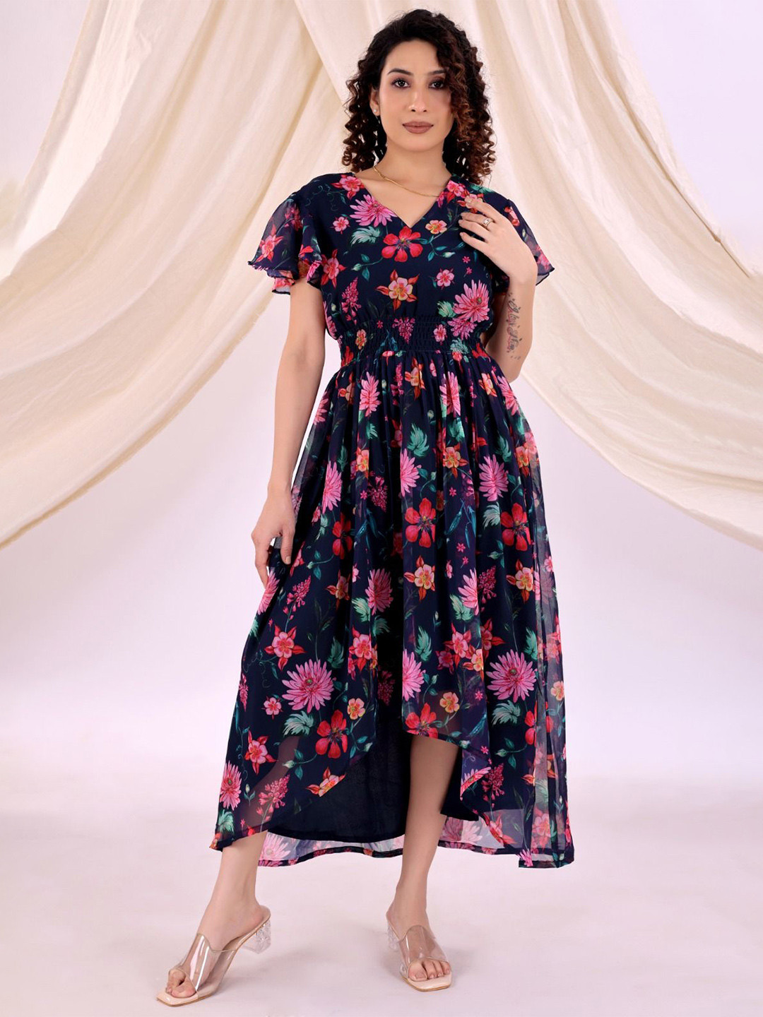 SHILL INTERNATIONAL Women Floral Print Smoked Fit & Flare Midi Dress