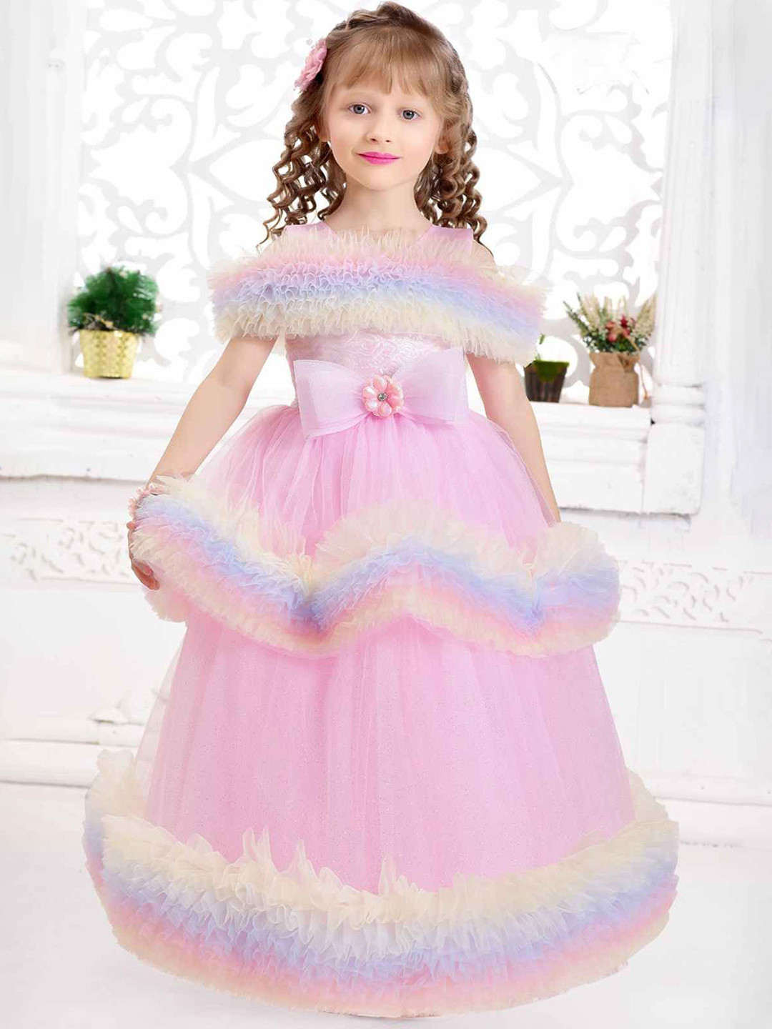 Lagorii Girls Pink Ruffle Net Gown With Embellishment Bow