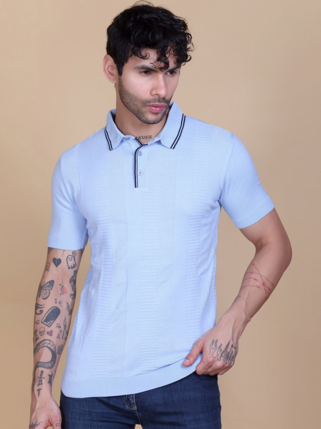 Dzant n Self Design Polo Collar Neck Short Sleeves Organic Cotton T-shirt