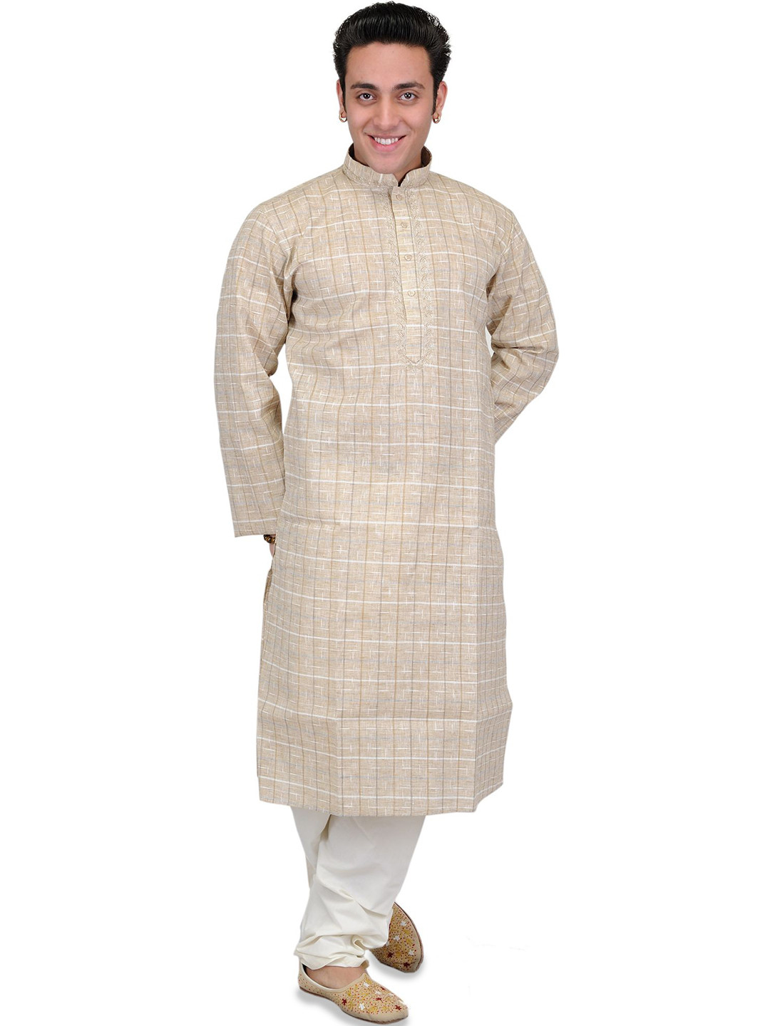 Exotic India Sand-Shell Men Checked Thread Work Pure Cotton Kurta with Pyjamas