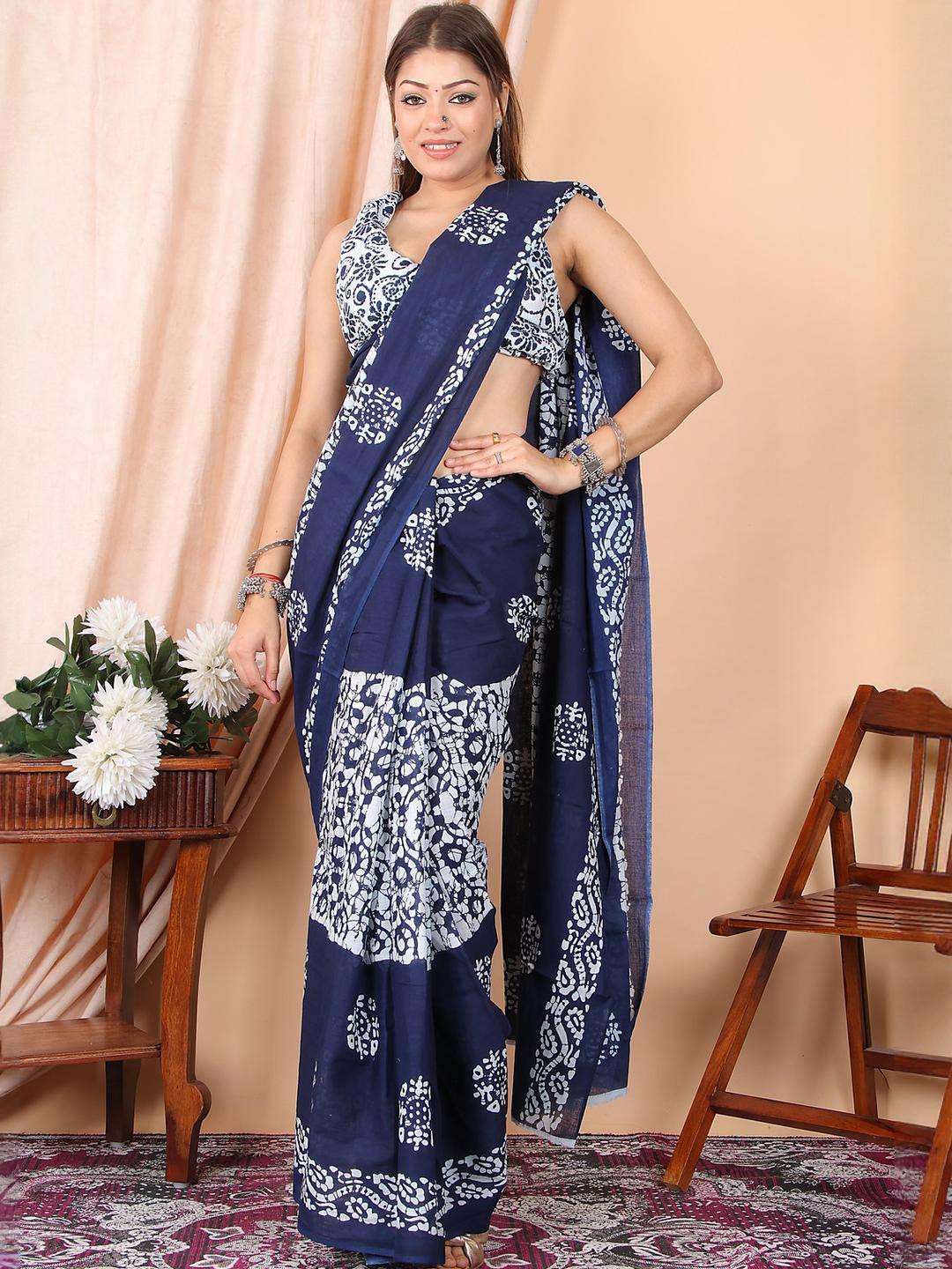 huuhambay Ethnic Motifs Voile Block Print Saree