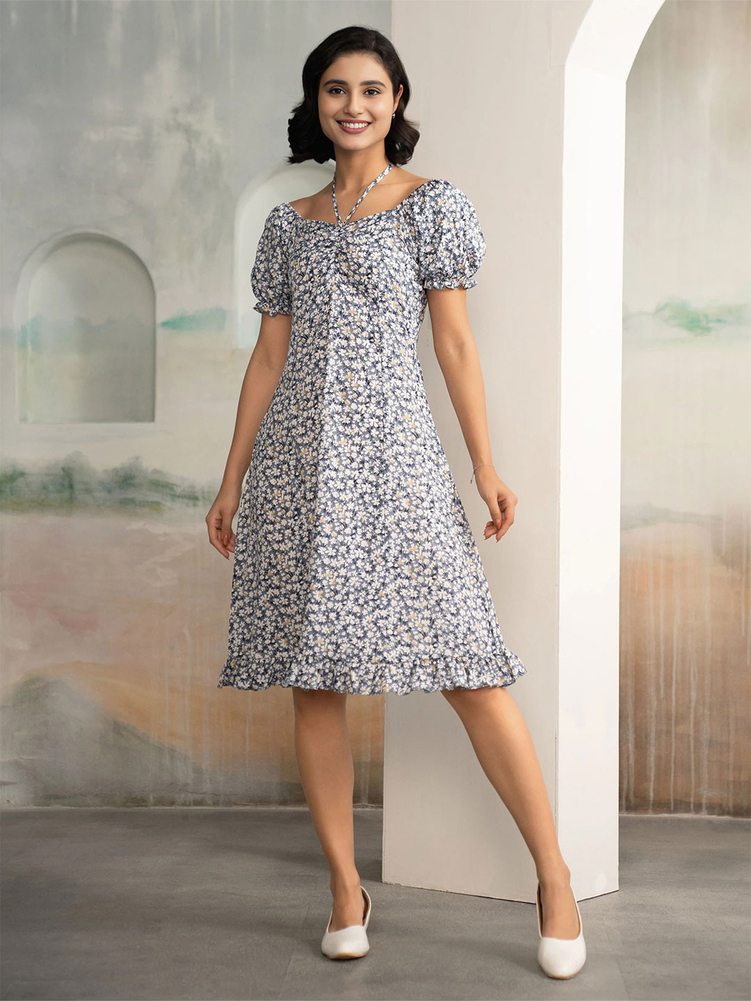 AASK Women Sky Blue Printed Delta Crepe Fit and Flare Calf Length Dress