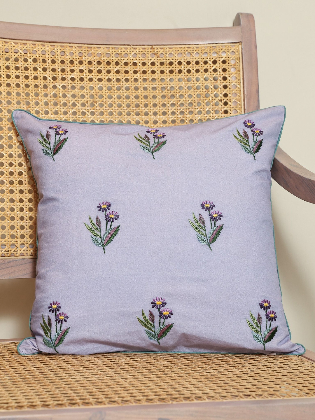 Crown of Poppies Lavender & Green Floral Embroidered Cotton Square Cushion Cover