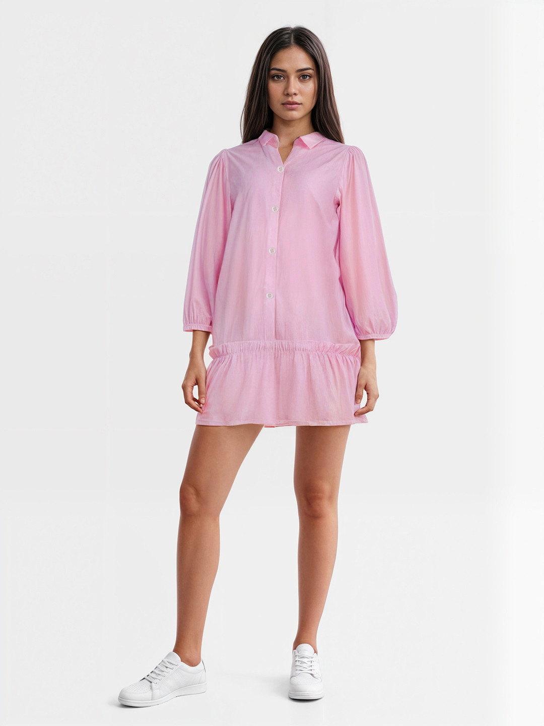 glitchez Ruffled Detail Puff Sleeves Mini Shirt-Style Drop-Waist Dress