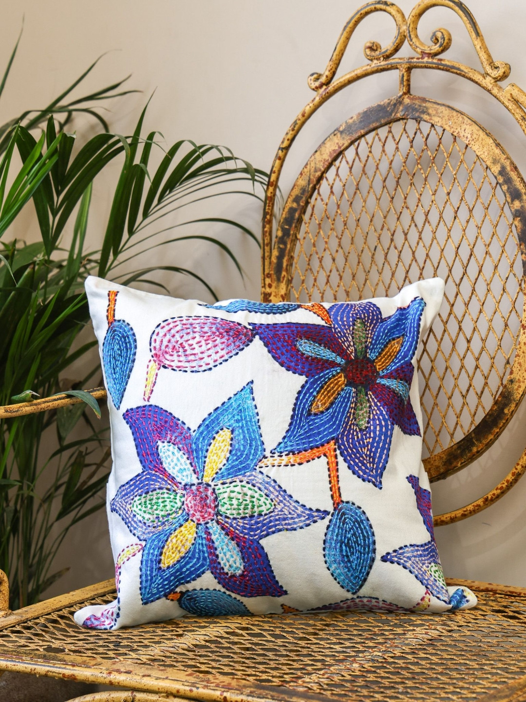 Crown of Poppies White & Blue Floral Embroidered Velvet Square Cushion Cover